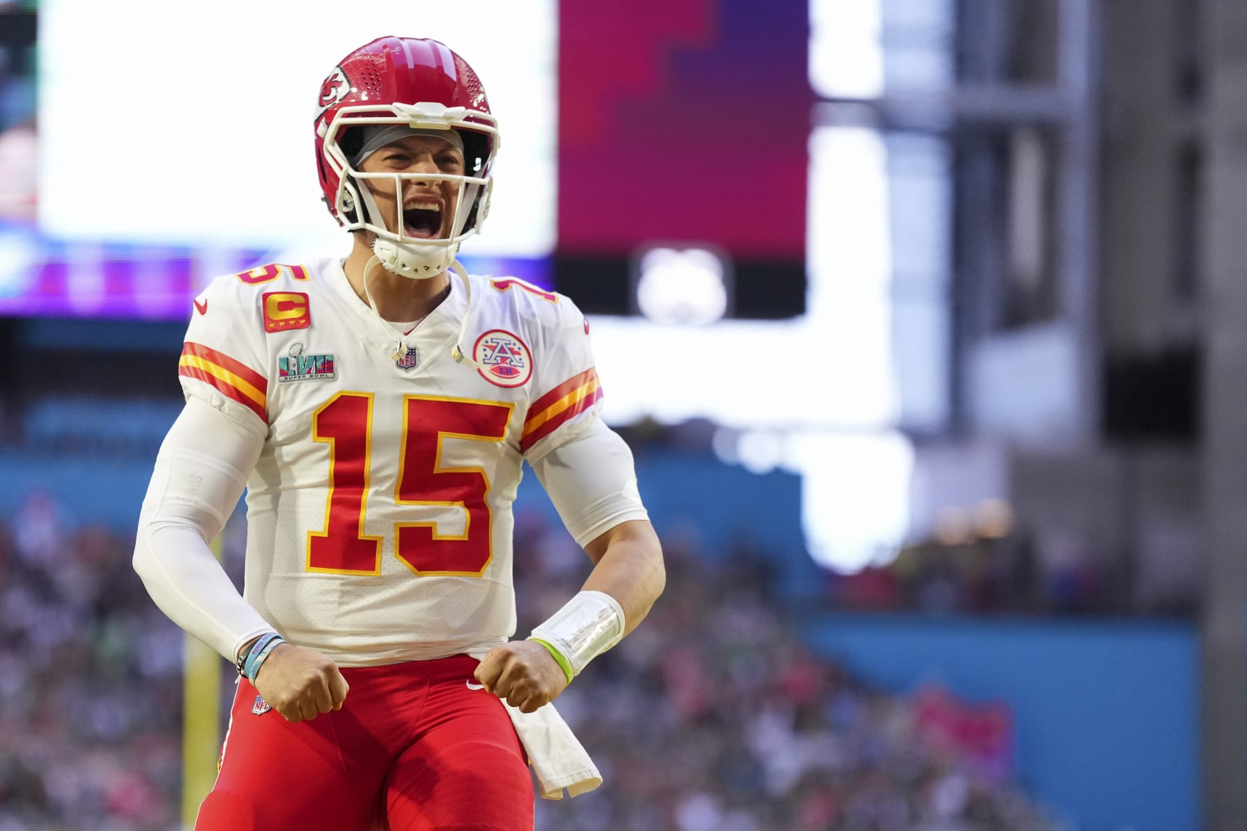 GLENDALE, AZ - FEBRUARY 12: Patrick Mahomes #15 of the Kansas City Chiefs yells against the Philadelphia Eagles after Super Bowl LVII at State Farm Stadium on February 12, 2023 in Glendale, Arizona. The Chiefs defeated the Eagles 38-35. (Photo by Cooper Neill/Getty Images)