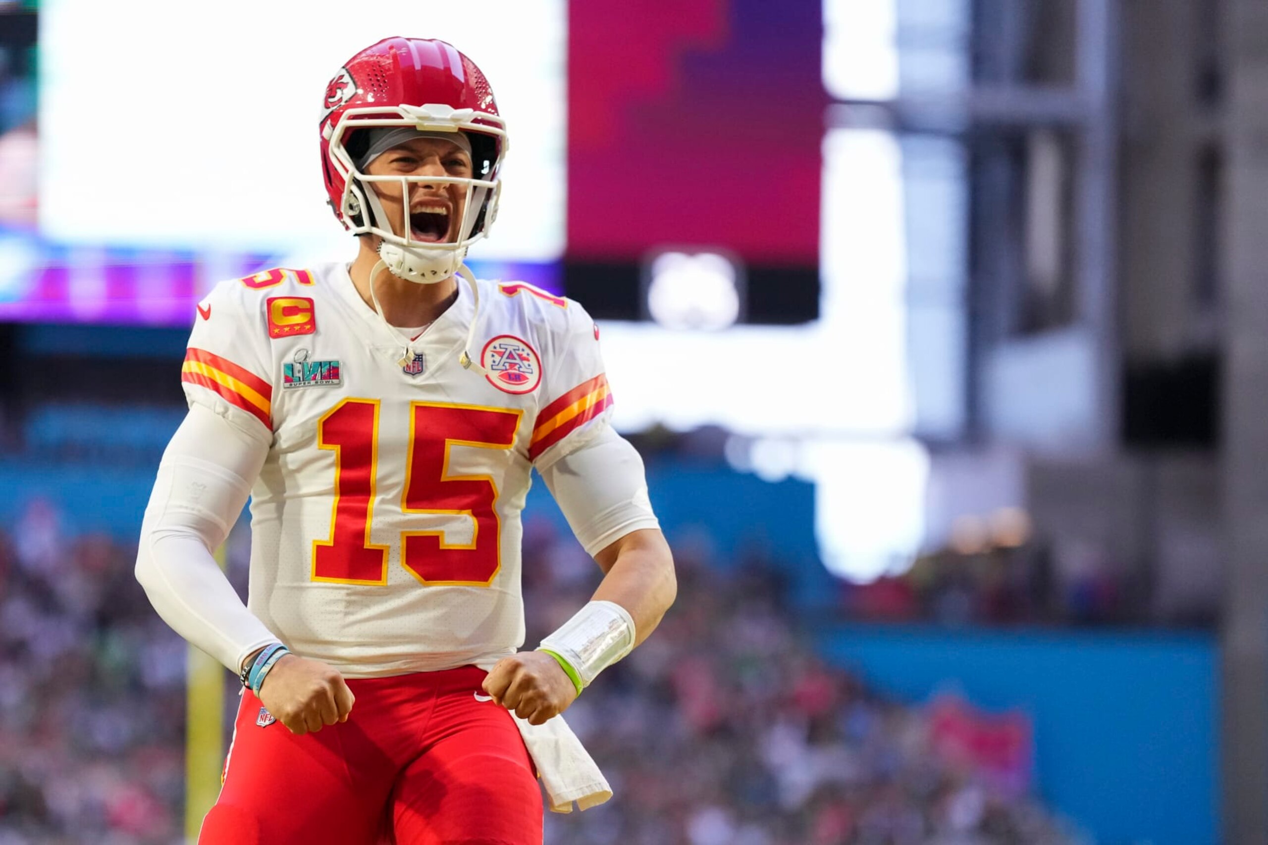 GLENDALE, AZ - FEBRUARY 12: Patrick Mahomes #15 of the Kansas City Chiefs yells against the Philadelphia Eagles after Super Bowl LVII at State Farm Stadium on February 12, 2023 in Glendale, Arizona. The Chiefs defeated the Eagles 38-35. (Photo by Cooper Neill/Getty Images)