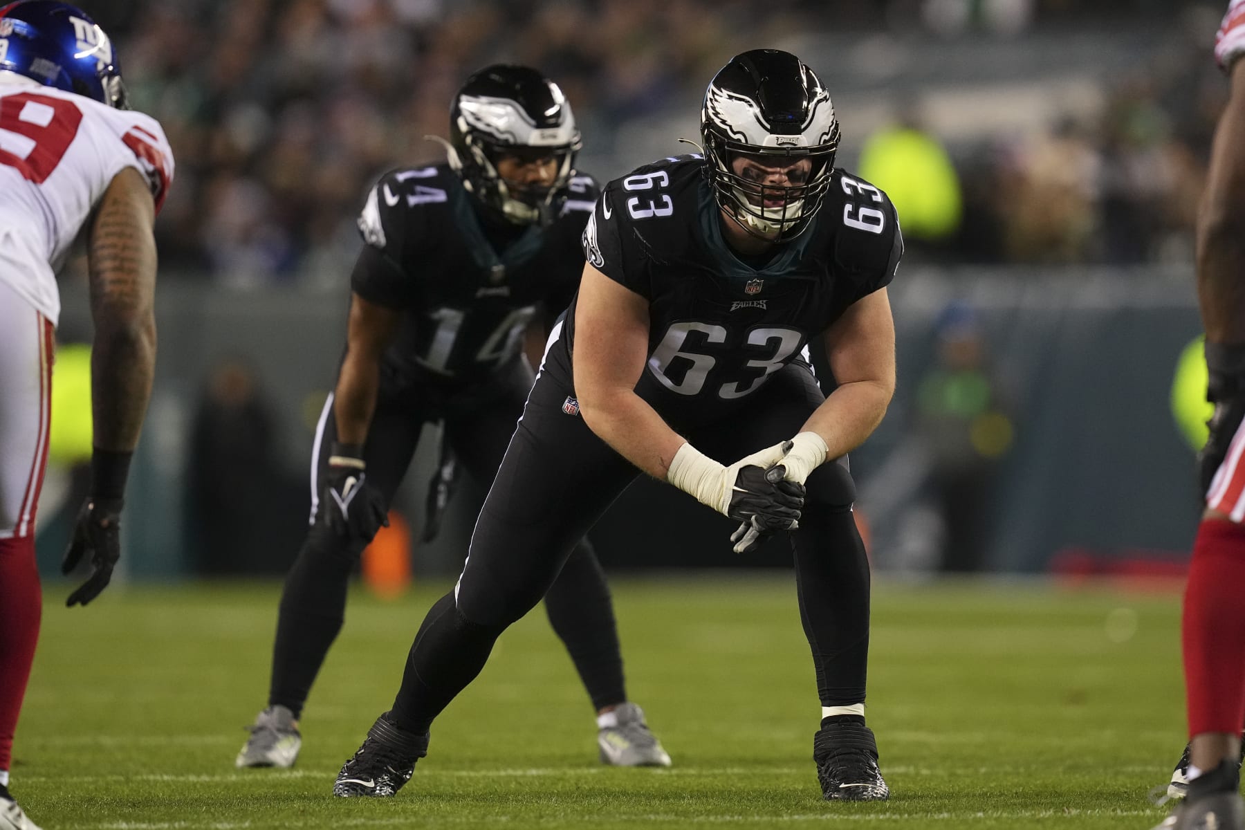 PHILADELPHIA, PA - JANUARY 08: Jack Driscoll #63 of the Philadelphia Eagles in action against the New York Giants at Lincoln Financial Field on January 8, 2023 in Philadelphia, Pennsylvania. (Photo by Mitchell Leff/Getty Images)