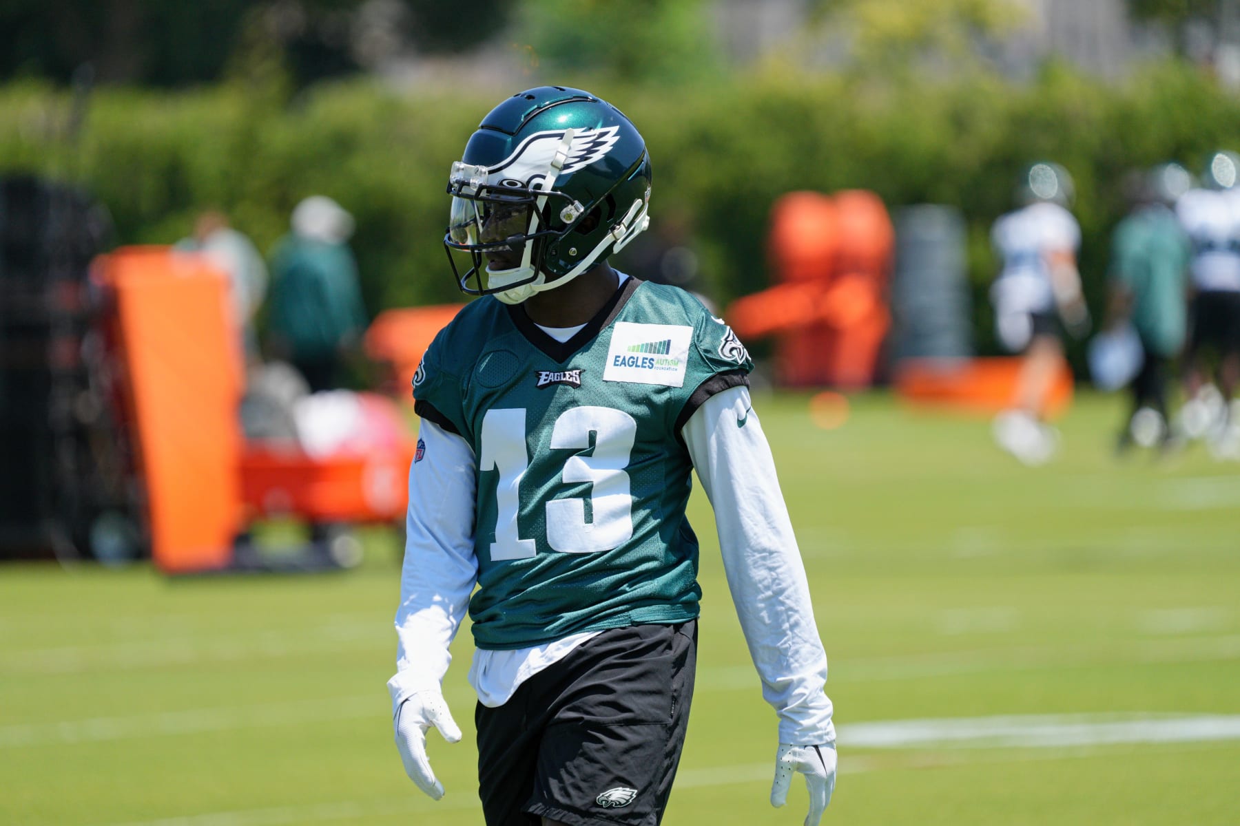 PHILADELPHIA, PA - JUNE 01: Philadelphia Eagles wide receiver Olamide Zaccheaus (13) participates in the Philadelphia Eagles OTA on June 1, 2023 at the NovaCare Training Complex in Philadelphia, Pa. (Photo by Andy Lewis/Icon Sportswire via Getty Images)