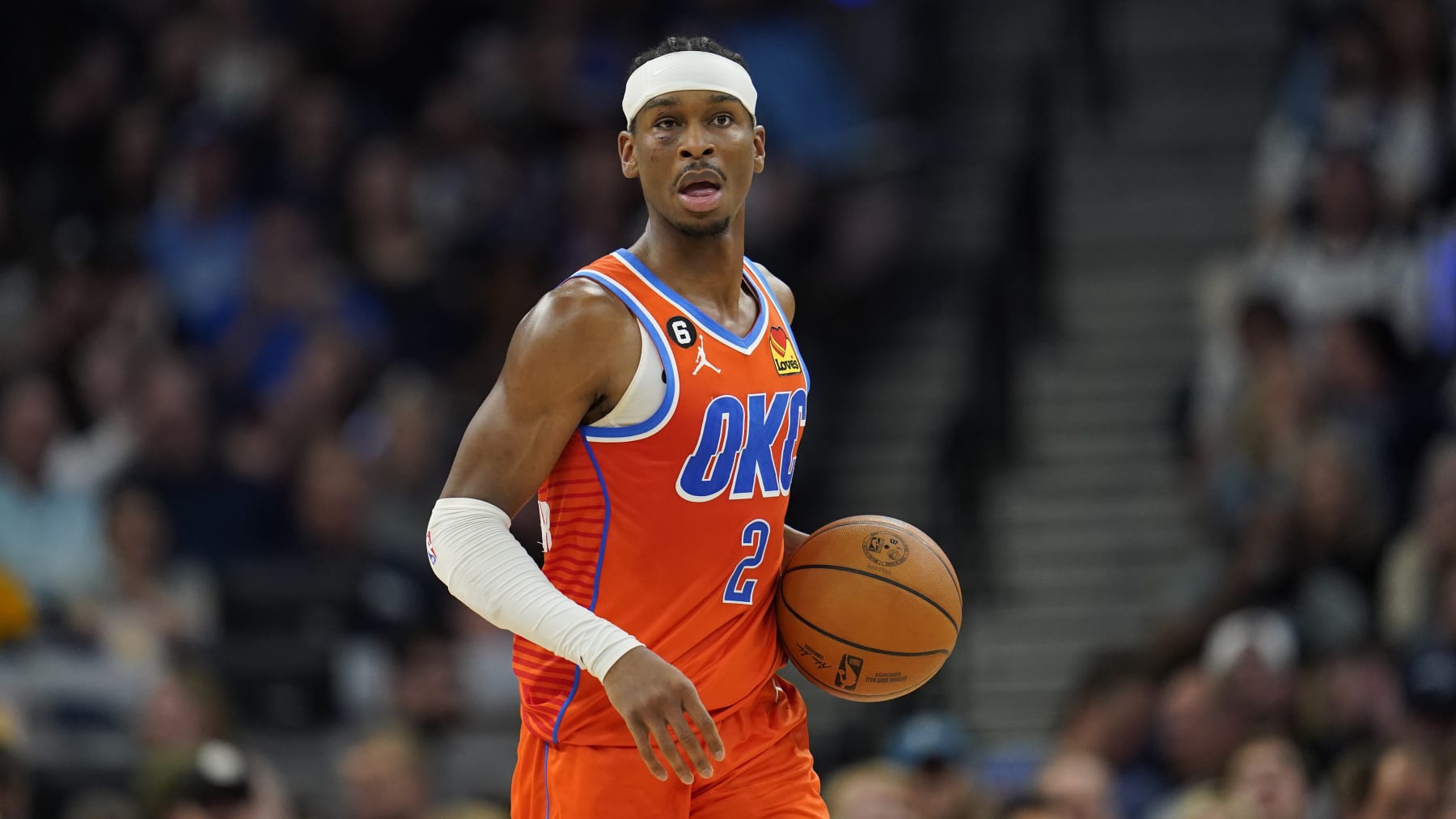 Oklahoma City Thunder guard Shai Gilgeous-Alexander (2) dribbles down the court during the second half of an NBA basketball play-in tournament game against the Minnesota Timberwolves, Friday, April 14, 2023, in Minneapolis. (AP Photo/Abbie Parr)