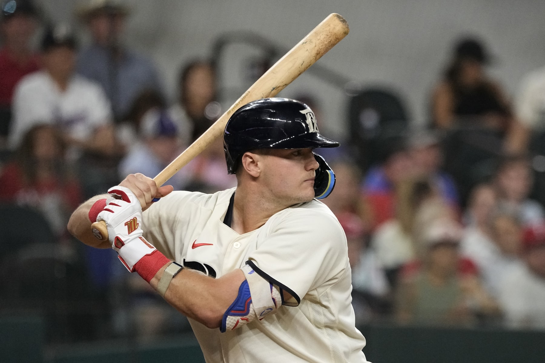 ARLINGTON, TEXAS - JULY 14: Josh Jung #6 of the Texas Rangers waits for a pitch during the sixth inning against the Cleveland Guardians at Globe Life Field on July 14, 2023 in Arlington, Texas. (Photo by Sam Hodde/Getty Images)