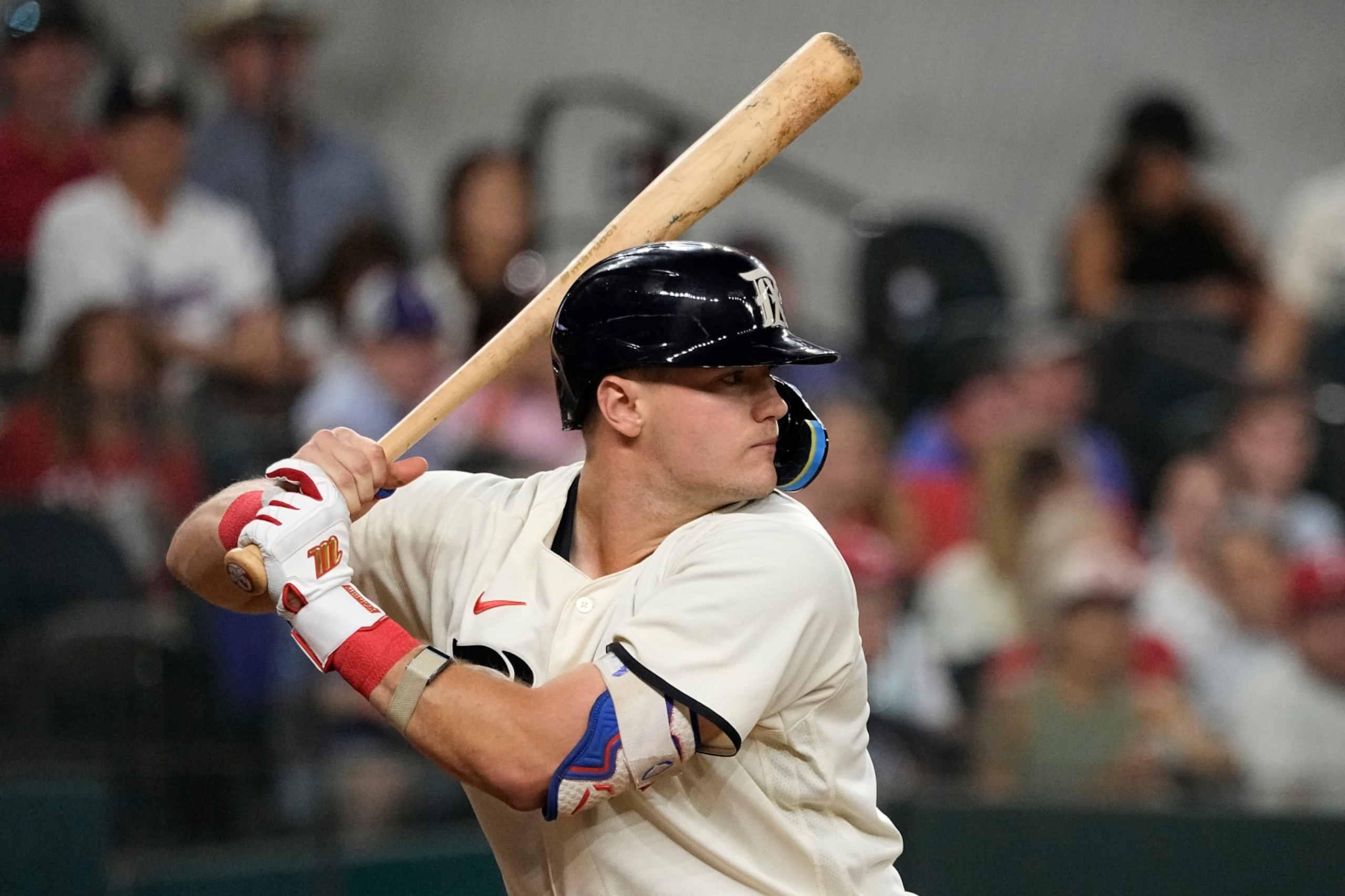 ARLINGTON, TEXAS - JULY 14: Josh Jung #6 of the Texas Rangers waits for a pitch during the sixth inning against the Cleveland Guardians at Globe Life Field on July 14, 2023 in Arlington, Texas. (Photo by Sam Hodde/Getty Images)