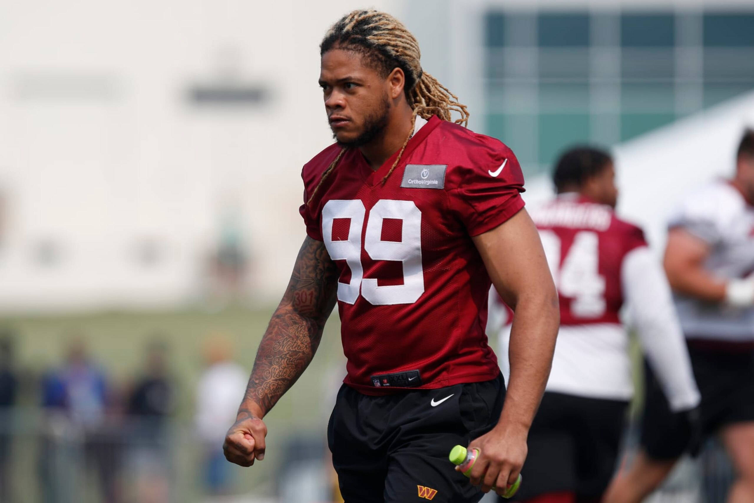 Washington Commanders defensive end Chase Young is seen during an NFL football practice at the team's training facility in Ashburn, Va., Wednesday, June 7, 2023. (AP Photo/Luis M. Alvarez)