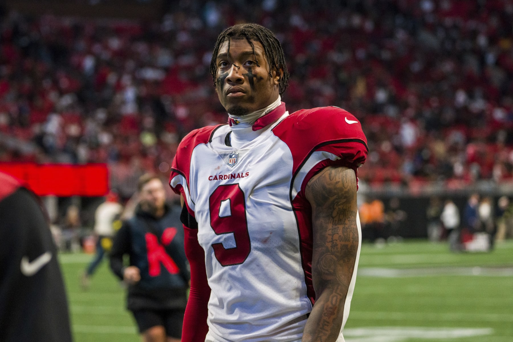 Arizona Cardinals linebacker Isaiah Simmons (9) walks off the field after the first half of an NFL football game against the Atlanta Falcons, Sunday, Jan. 1, 2023, in Atlanta. The Atlanta Falcons won 20-19. (AP Photo/Danny Karnik) Arizona Cardinals linebacker Isaiah Simmons (9) walks off the field after the first half of an NFL football game against the Atlanta Falcons, Sunday, Jan. 1, 2023, in Atlanta. The Atlanta Falcons won 20-19. (AP Photo/Danny Karnik)