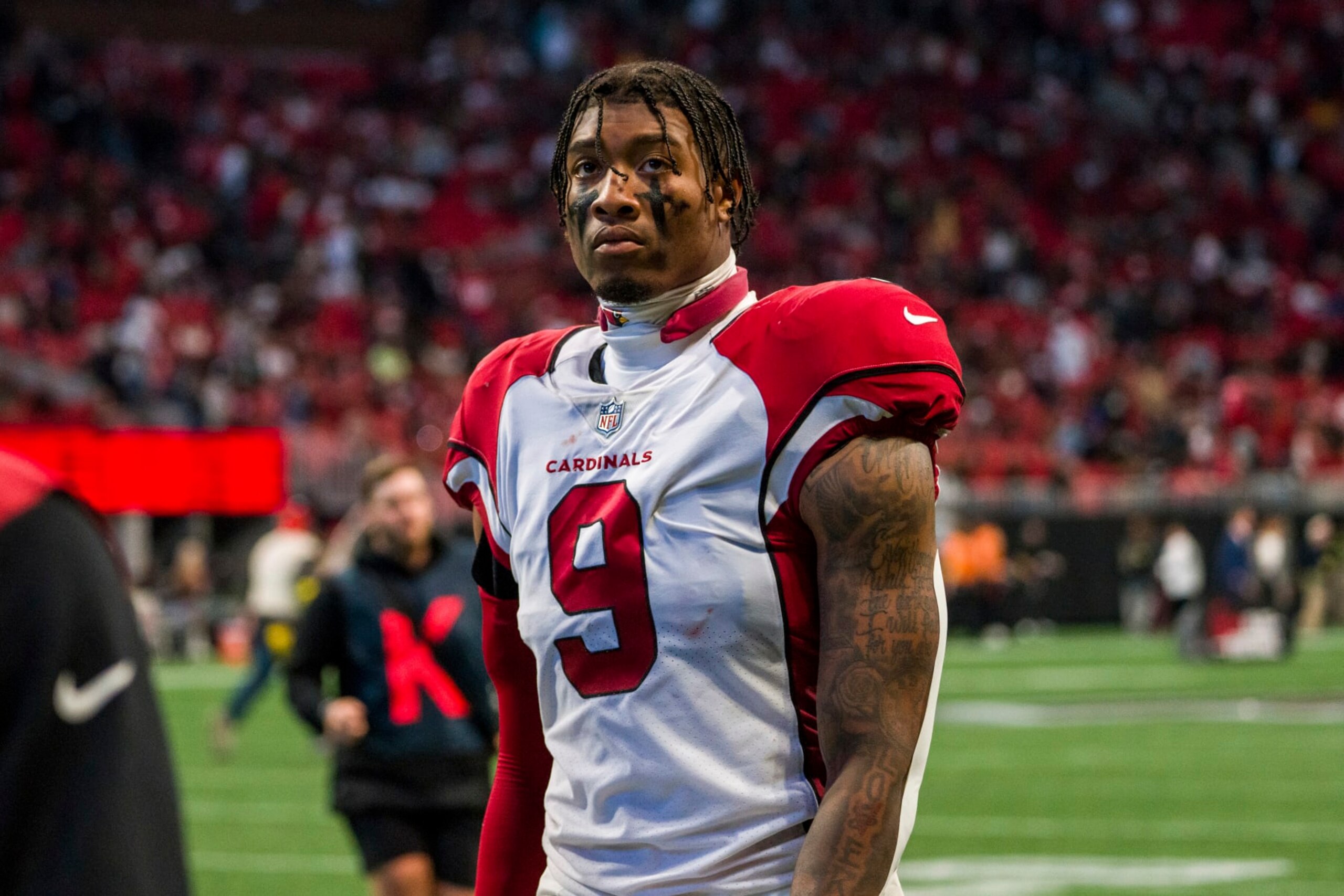 Arizona Cardinals linebacker Isaiah Simmons (9) walks off the field after the first half of an NFL football game against the Atlanta Falcons, Sunday, Jan. 1, 2023, in Atlanta. The Atlanta Falcons won 20-19. (AP Photo/Danny Karnik)