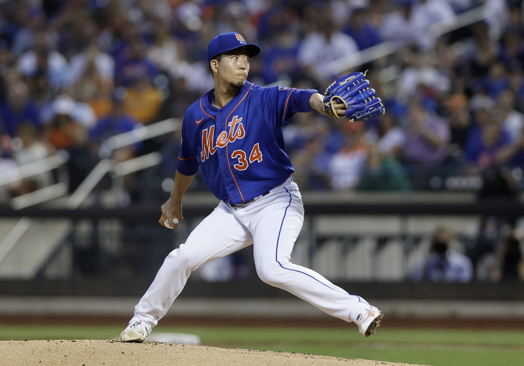 NEW YORK, NEW YORK - JULY 15:  Kodai Senga #34 of the New York Mets in action against the Los Angeles Dodgers during the first inning at Citi Field on July 15, 2023 in New York City. The Dodgers defeated the Mets 5-1. (Photo by Jim McIsaac/Getty Images)