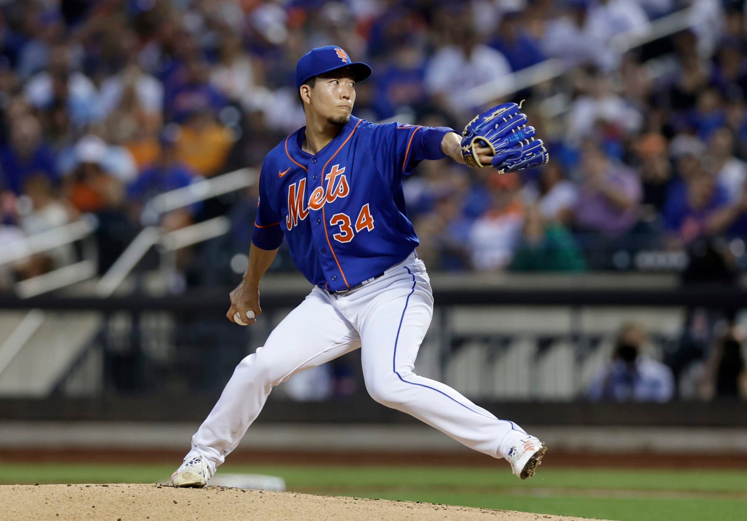 NEW YORK, NEW YORK - JULY 15:  Kodai Senga #34 of the New York Mets in action against the Los Angeles Dodgers during the first inning at Citi Field on July 15, 2023 in New York City. The Dodgers defeated the Mets 5-1. (Photo by Jim McIsaac/Getty Images)