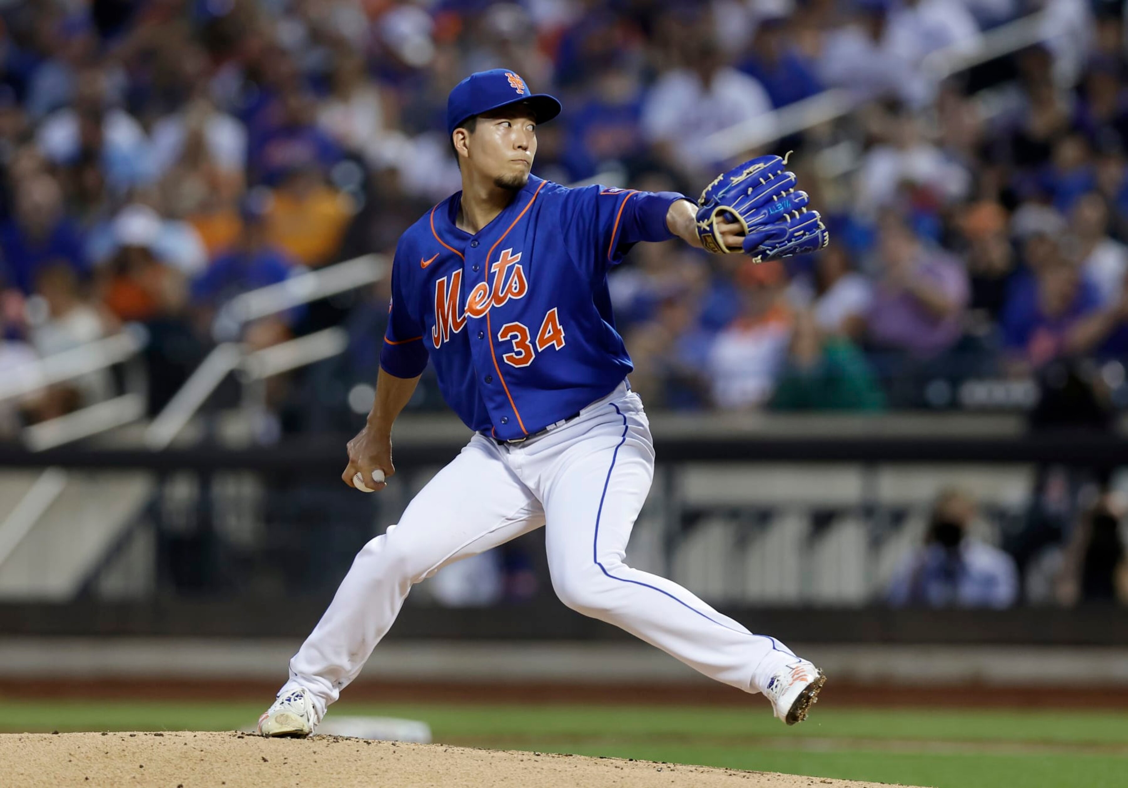 NEW YORK, NEW YORK - JULY 15:  Kodai Senga #34 of the New York Mets in action against the Los Angeles Dodgers during the first inning at Citi Field on July 15, 2023 in New York City. The Dodgers defeated the Mets 5-1. (Photo by Jim McIsaac/Getty Images)