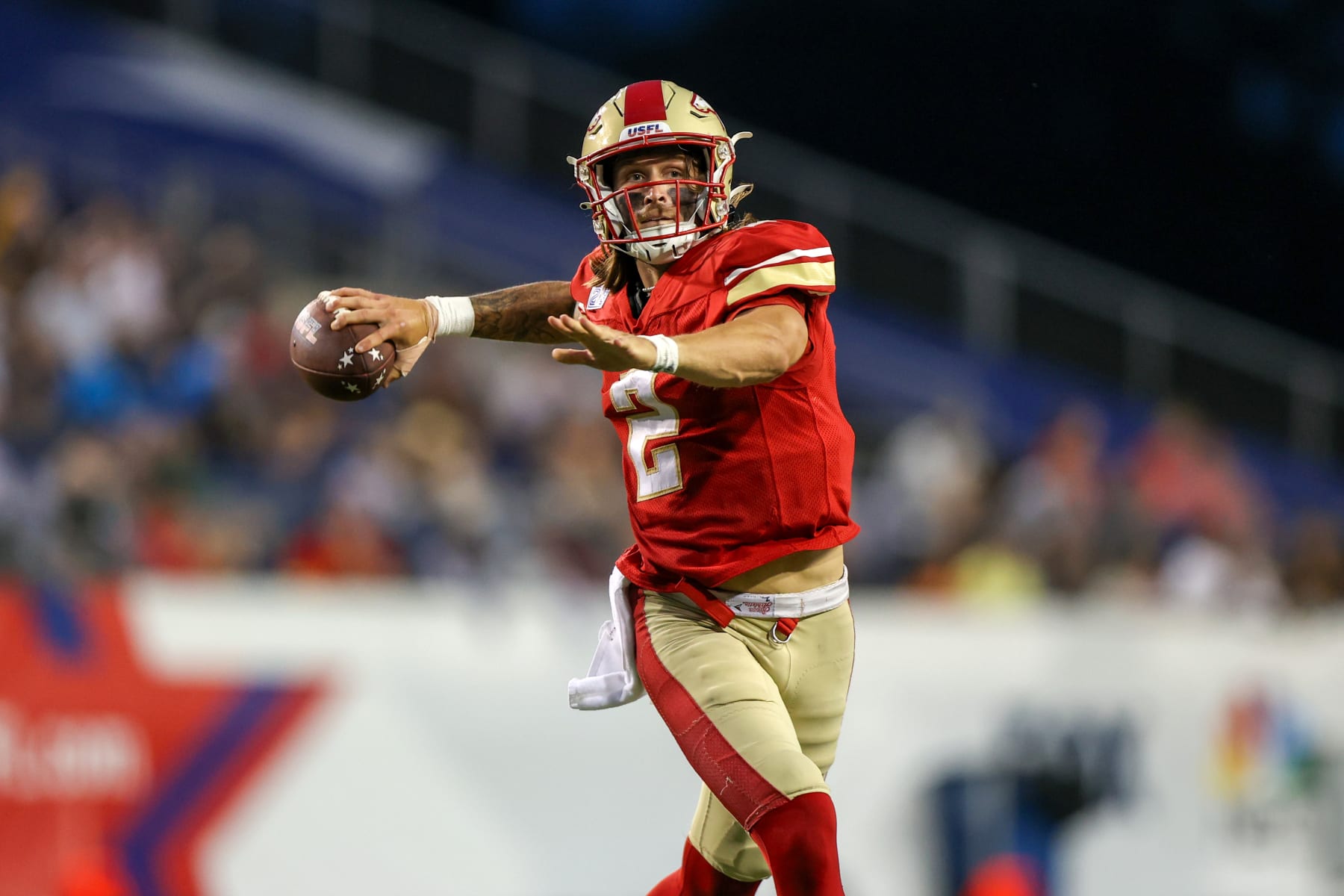 CANTON, OH - JULY 01: Birmingham Stallions quarterback Alex McGough (2) throws a pass during the second quarter of the 2023 USFL Championship game between the Pittsburgh Maulers and Birmingham Stallions on July 1, 2023, at the Tom Benson Hall of Fame Stadium in Canton, OH. (Photo by Frank Jansky/Icon Sportswire via Getty Images)
