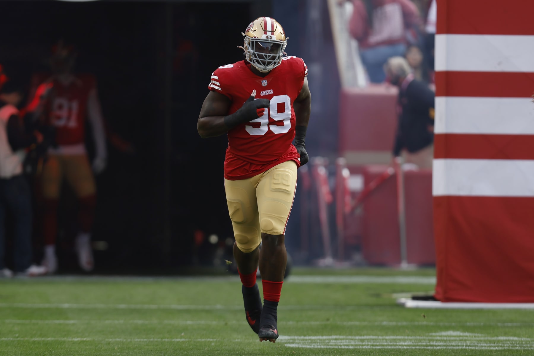 San Francisco 49ers defensive tackle Javon Kinlaw (99) is introduced before an NFL football game against the Arizona Cardinals in Santa Clara, Calif., Sunday, Jan. 8, 2023. (AP Photo/Jed Jacobsohn) San Francisco 49ers defensive tackle Javon Kinlaw (99) is introduced before an NFL football game against the Arizona Cardinals in Santa Clara, Calif., Sunday, Jan. 8, 2023. (AP Photo/Jed Jacobsohn)