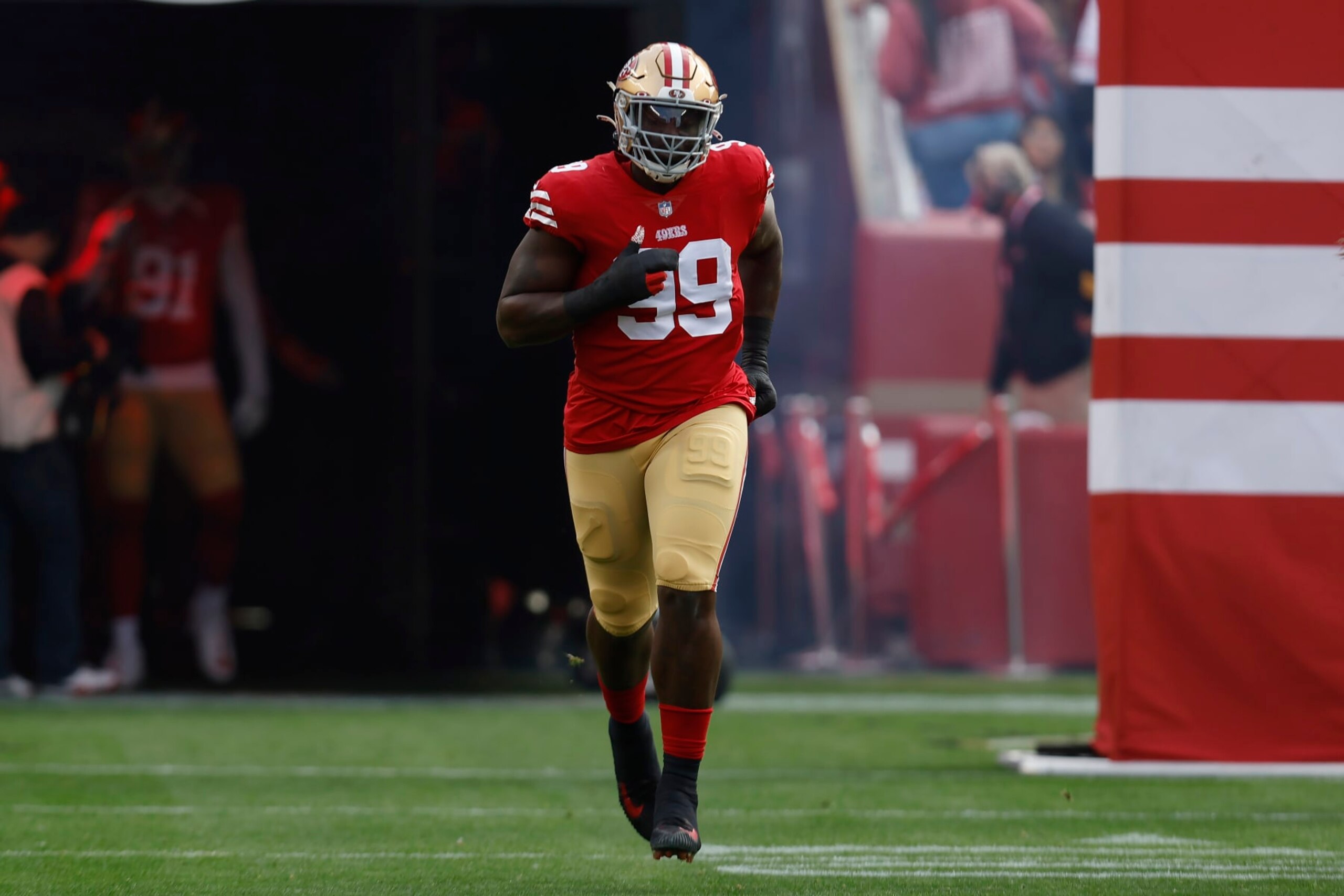 San Francisco 49ers defensive tackle Javon Kinlaw (99) is introduced before an NFL football game against the Arizona Cardinals in Santa Clara, Calif., Sunday, Jan. 8, 2023. (AP Photo/Jed Jacobsohn)