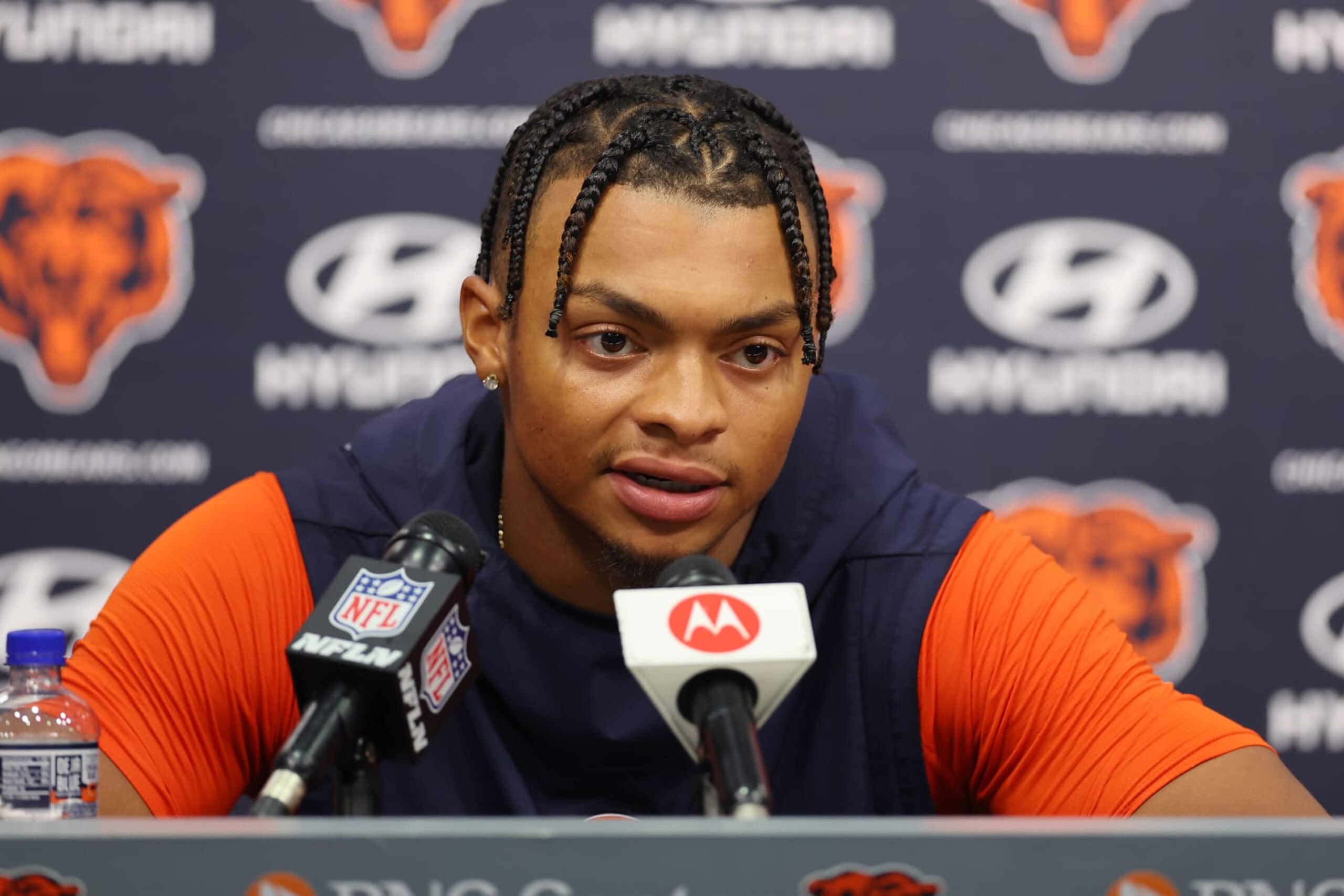 LAKE FOREST, ILLINOIS - JUNE 15: Justin Fields #1 of the Chicago Bears speaks to the media during minicamp at Halas Hall on June 15, 2023 in Lake Forest, Illinois. (Photo by Michael Reaves/Getty Images)