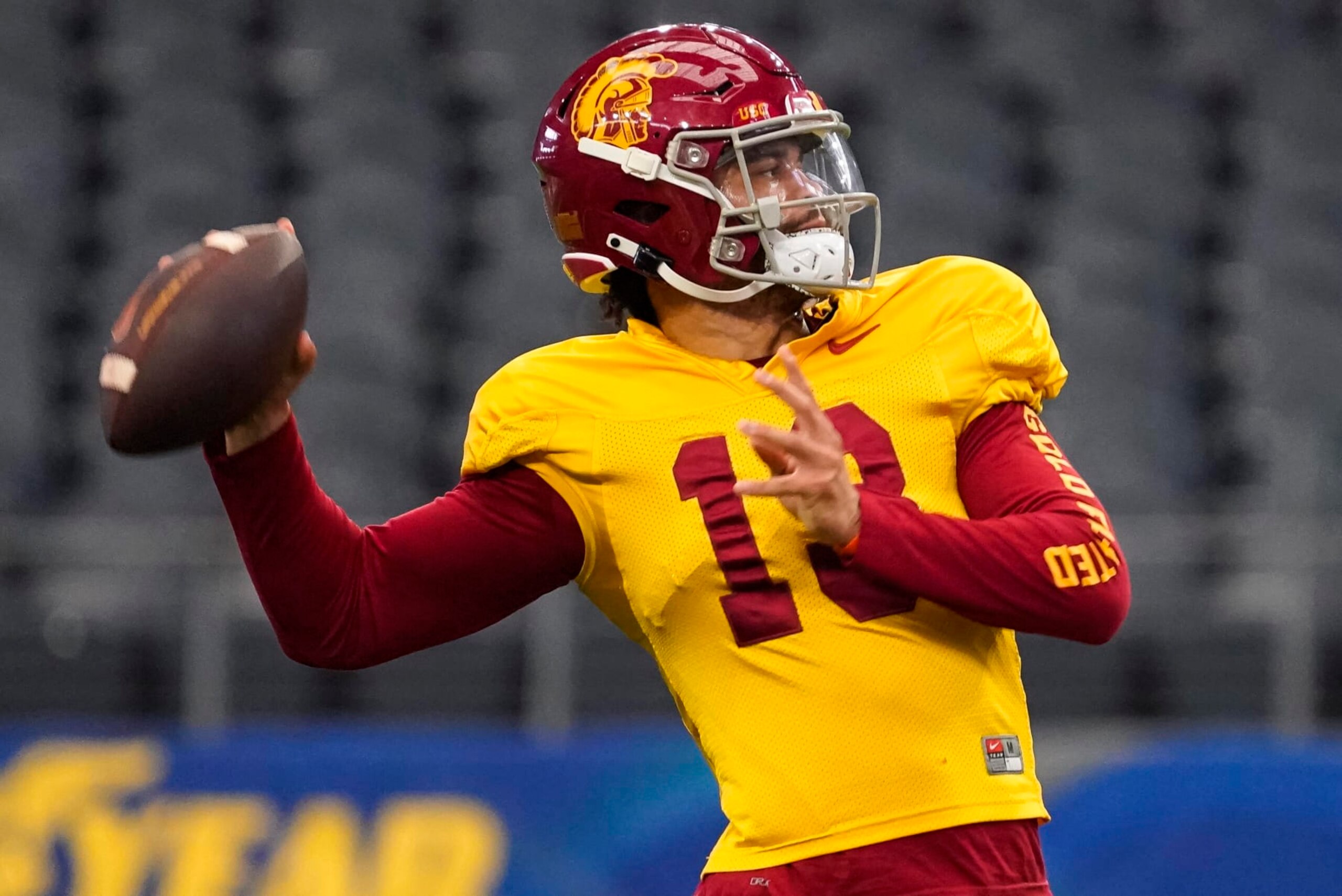 Southern California quarterback Caleb Williams (13) practices ahead of the Cotton Bowl NCAA college football game against Tulane, Thursday, Dec. 29, 2022, in Arlington, Texas. The Cotton Bowl is scheduled for Monday, Jan. 2, 2023. (AP Photo/Sam Hodde)