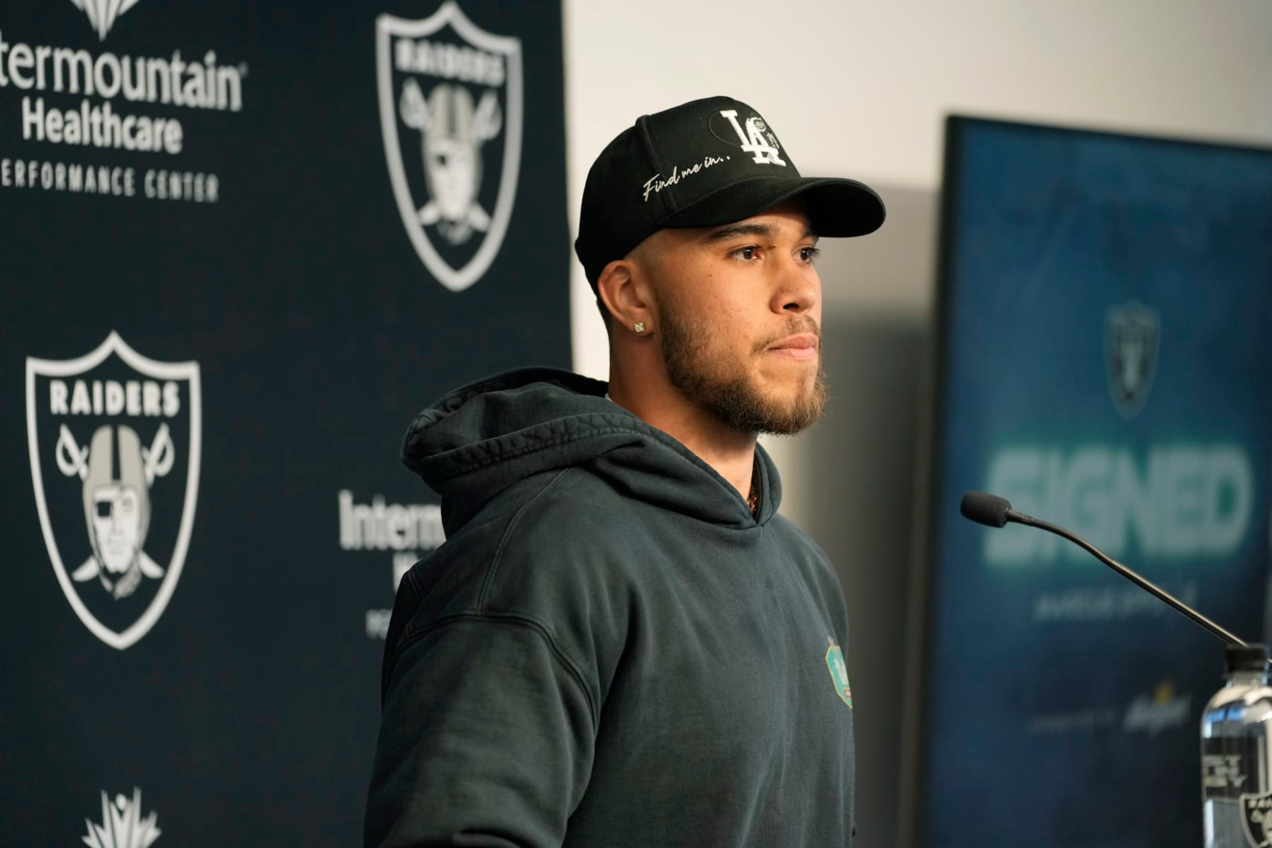 Las Vegas Raiders safety Marcus Epps takes questions from reporters at a news conference Thursday, March 16, 2023, in Henderson, Nev. (AP Photo/John Locher)