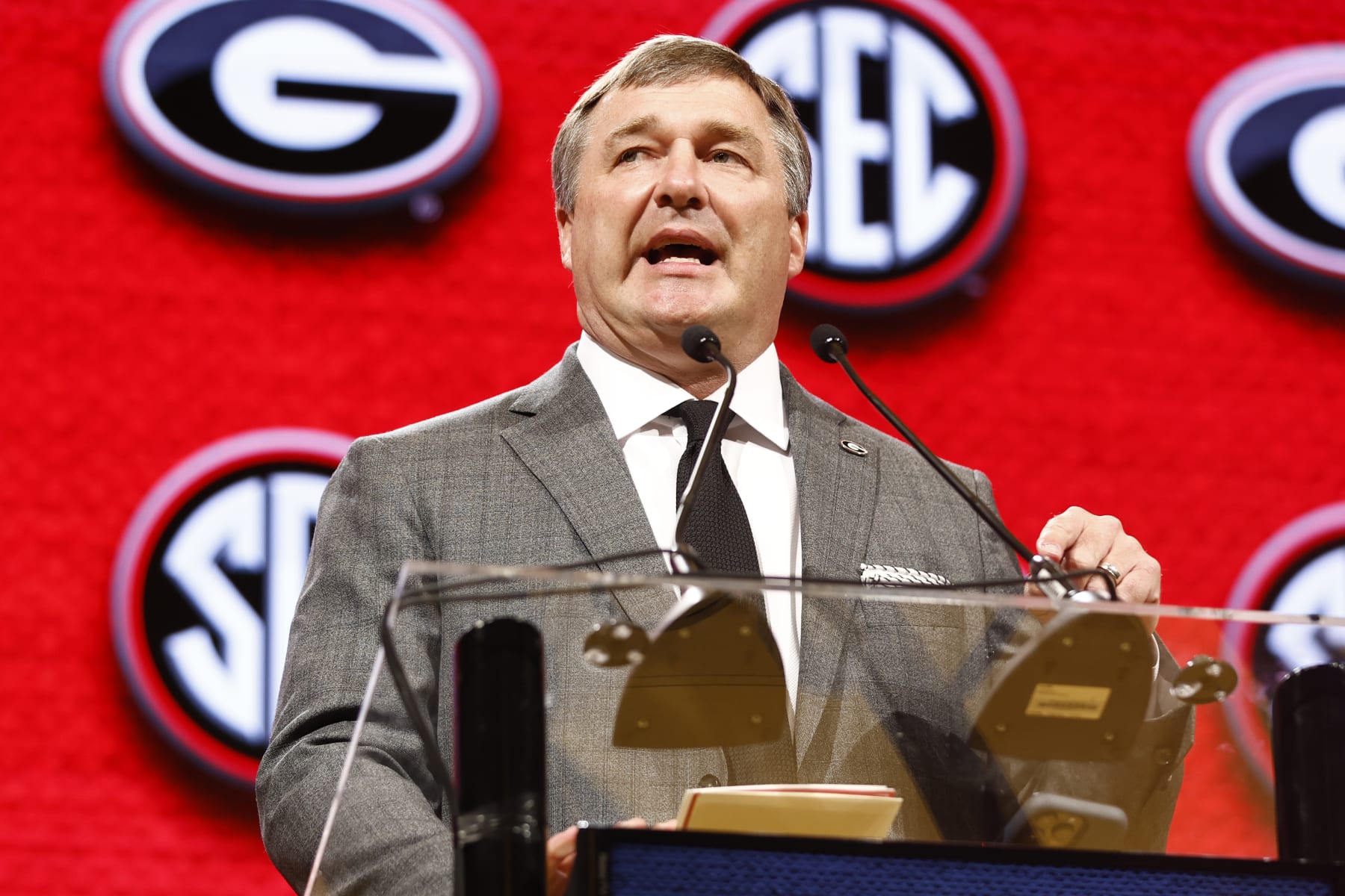 NASHVILLE, TENNESSEE - JULY 18: Head Coach Kirby Smart of the Georgia Bulldogs speaks during Day 2 of the 2023 SEC Media Days at Grand Hyatt Nashville on July 18, 2023 in Nashville, Tennessee. (Photo by Johnnie Izquierdo/Getty Images)