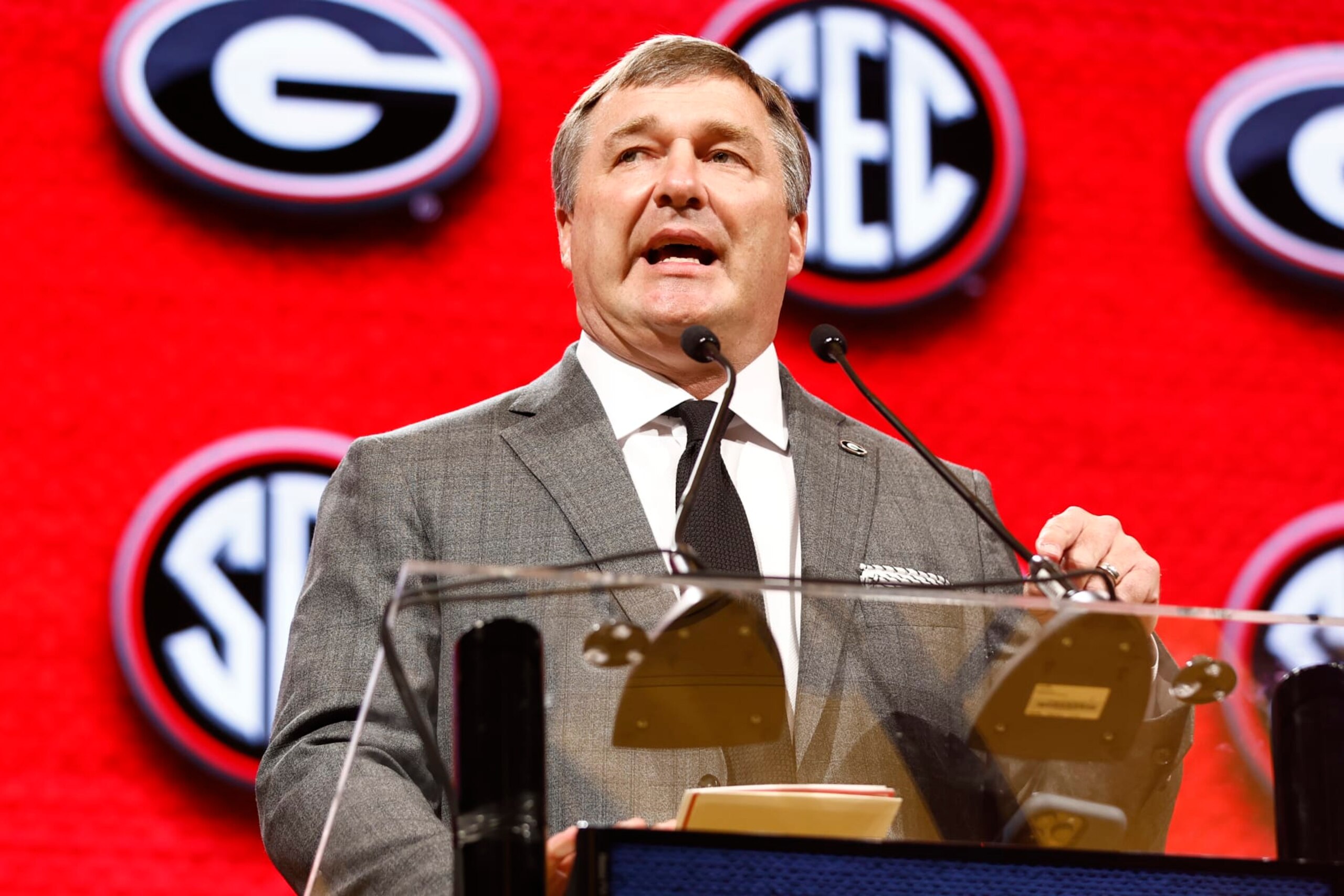 NASHVILLE, TENNESSEE - JULY 18: Head Coach Kirby Smart of the Georgia Bulldogs speaks during Day 2 of the 2023 SEC Media Days at Grand Hyatt Nashville on July 18, 2023 in Nashville, Tennessee. (Photo by Johnnie Izquierdo/Getty Images)
