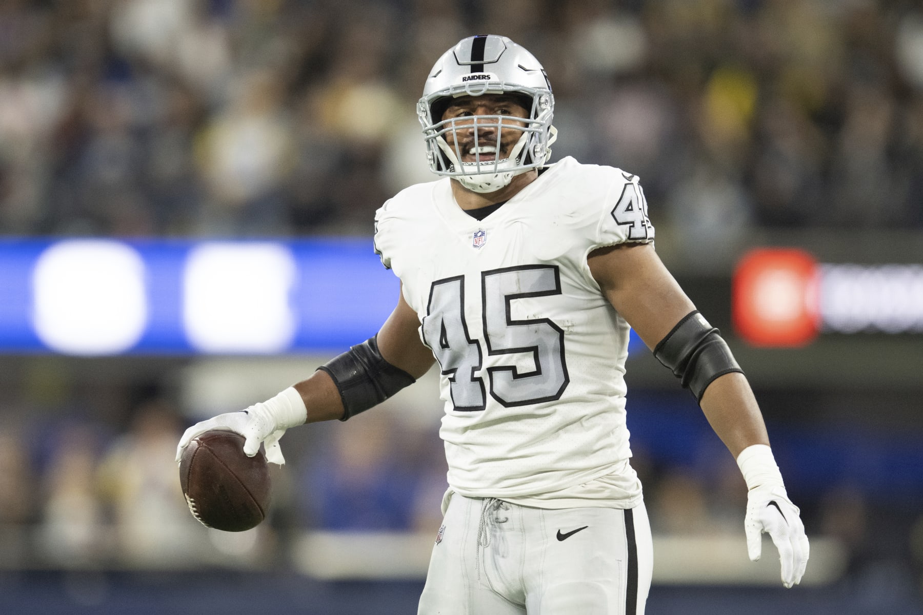 Las Vegas Raiders fullback Jakob Johnson (45) during an NFL football game against the Los Angeles Rams, Thursday, Dec. 8, 2022, in Inglewood, Calif. (AP Photo/Kyusung Gong)