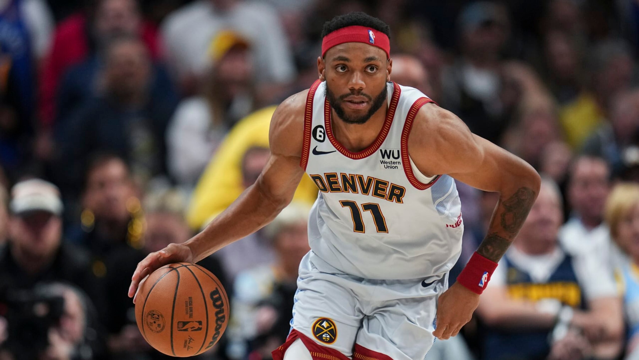 Denver Nuggets forward Bruce Brown against the Miami Heat during the second half of Game 5 of basketball's NBA Finals, Monday, June 12, 2023, in Denver. (AP Photo/Jack Dempsey)