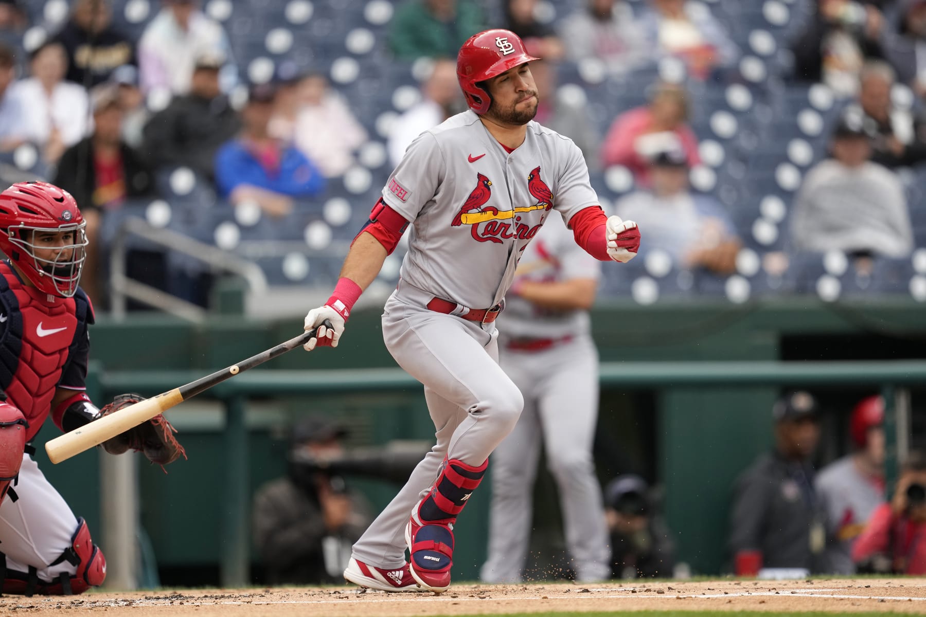 WASHINGTON, DC - JUNE 21:  Dylan Carlson #3 of the St. Louis Cardinals takes a swing during a baseball game against the Washington Nationals at Nationals Park on June 21, 2023 in Washington, DC.  (Photo by Mitchell Layton/Getty Images)
