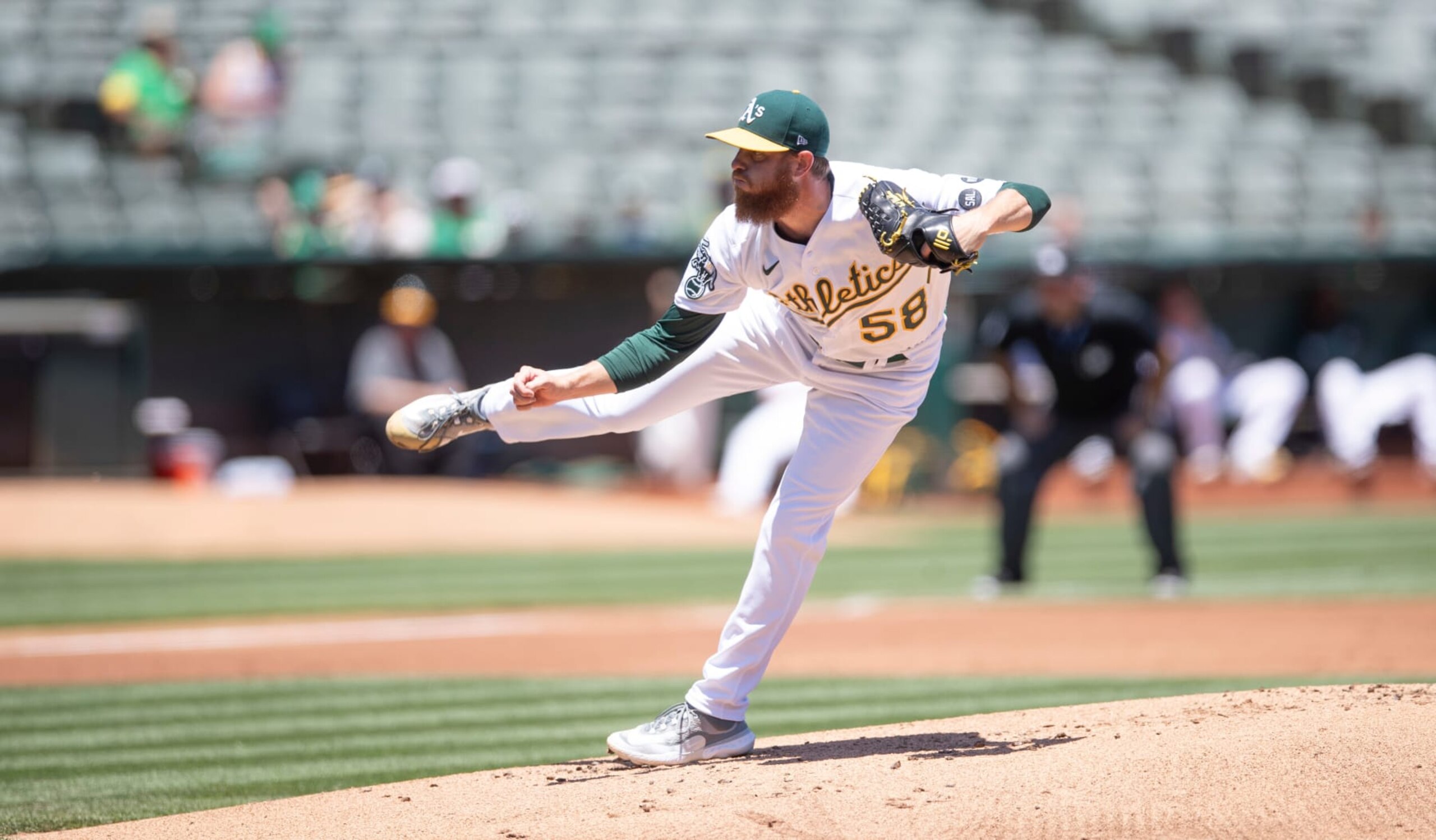 OAKLAND, CA - JULY 2: Paul Blackburn #58 of the Oakland Athletics pitches during the game against the Chicago White Sox at RingCentral Coliseum on July 2, 2023 in Oakland, California. The White Sox defeated the Athletics 8-7. (Photo by Michael Zagaris/Oakland Athletics/Getty Images)