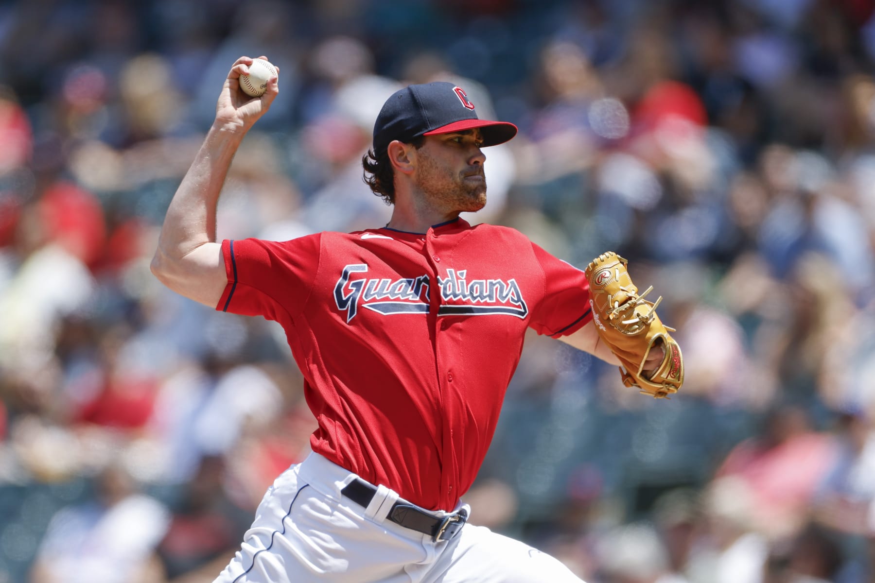 CLEVELAND, OH - JULY 09: Shane Bieber #57 of the Cleveland Guardians pitches during the first inning against the Kansas City Royals at Progressive Field on July 09, 2023 in Cleveland, Ohio. (Photo by Ron Schwane/Getty Images)