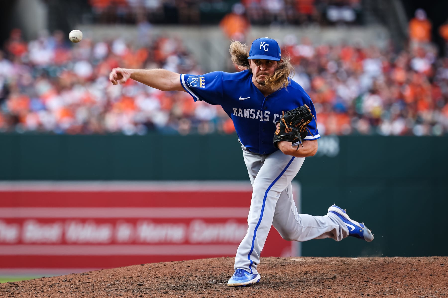 BALTIMORE, MD - JUNE 10: Scott Barlow #58 of the Kansas City Royals pitches against the Baltimore Orioles during the eighth inning at Oriole Park at Camden Yards on June 10, 2023 in Baltimore, Maryland. (Photo by Scott Taetsch/Getty Images)
