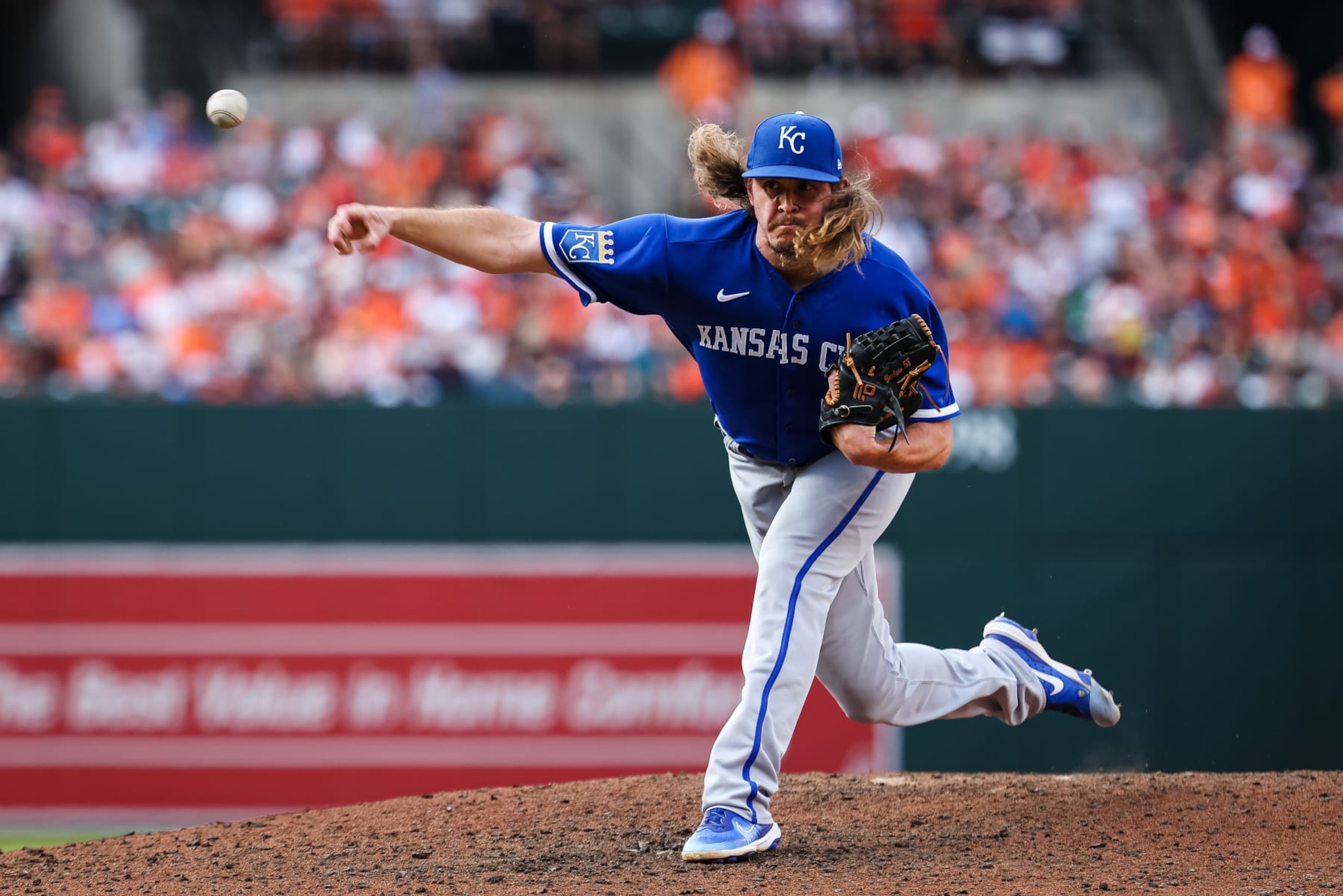 BALTIMORE, MD - JUNE 10: Scott Barlow #58 of the Kansas City Royals pitches against the Baltimore Orioles during the eighth inning at Oriole Park at Camden Yards on June 10, 2023 in Baltimore, Maryland. (Photo by Scott Taetsch/Getty Images)