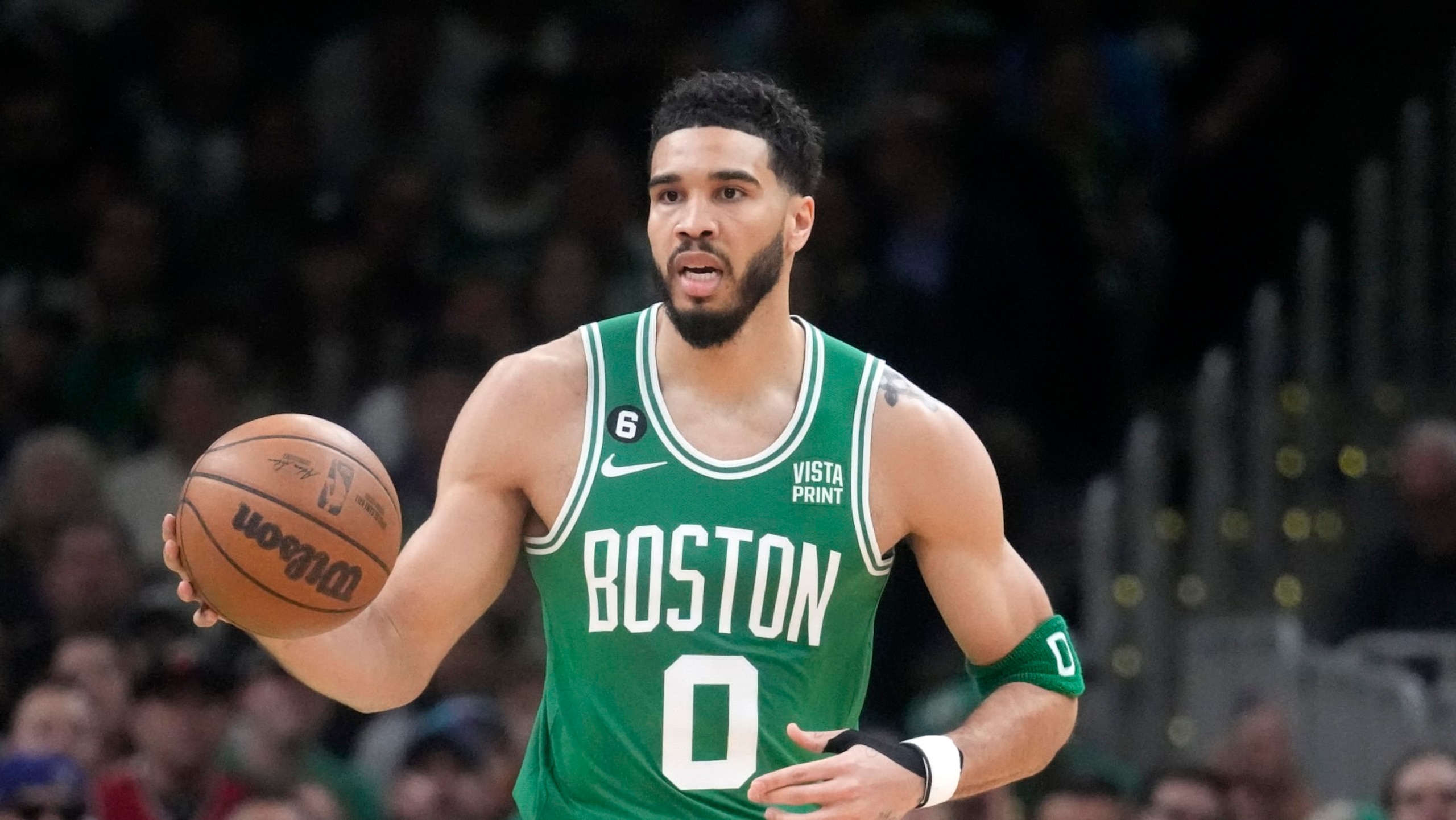 Boston Celtics forward Jayson Tatum dribbles during the first half in Game 5 of the NBA basketball Eastern Conference finals against the Miami Heat Thursday, May 25, 2023, in Boston. (AP Photo/Charles Krupa ) Boston Celtics forward Jayson Tatum dribbles during the first half in Game 5 of the NBA basketball Eastern Conference finals against the Miami Heat Thursday, May 25, 2023, in Boston. (AP Photo/Charles Krupa )