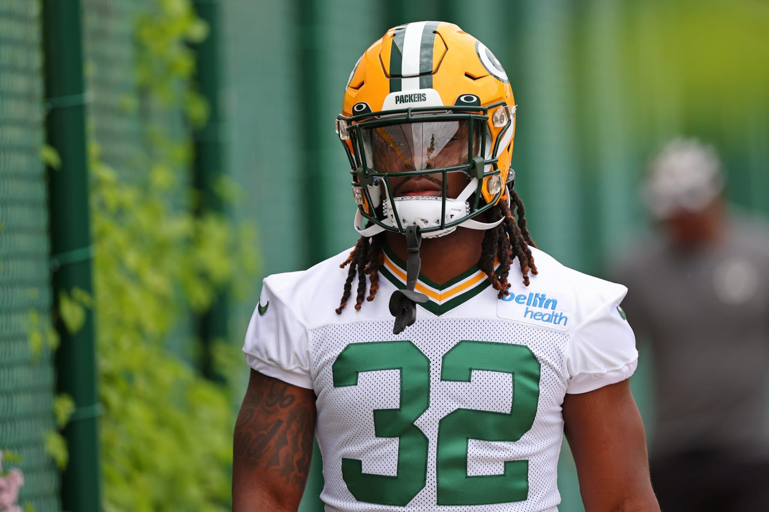 ASHWAUBENON, WISCONSIN - MAY 31: Lew Nichols #32 of the Green Bay Packers participates in an OTA practice session at Don Hutson Center on May 31, 2023 in Ashwaubenon, Wisconsin. (Photo by Stacy Revere/Getty Images)