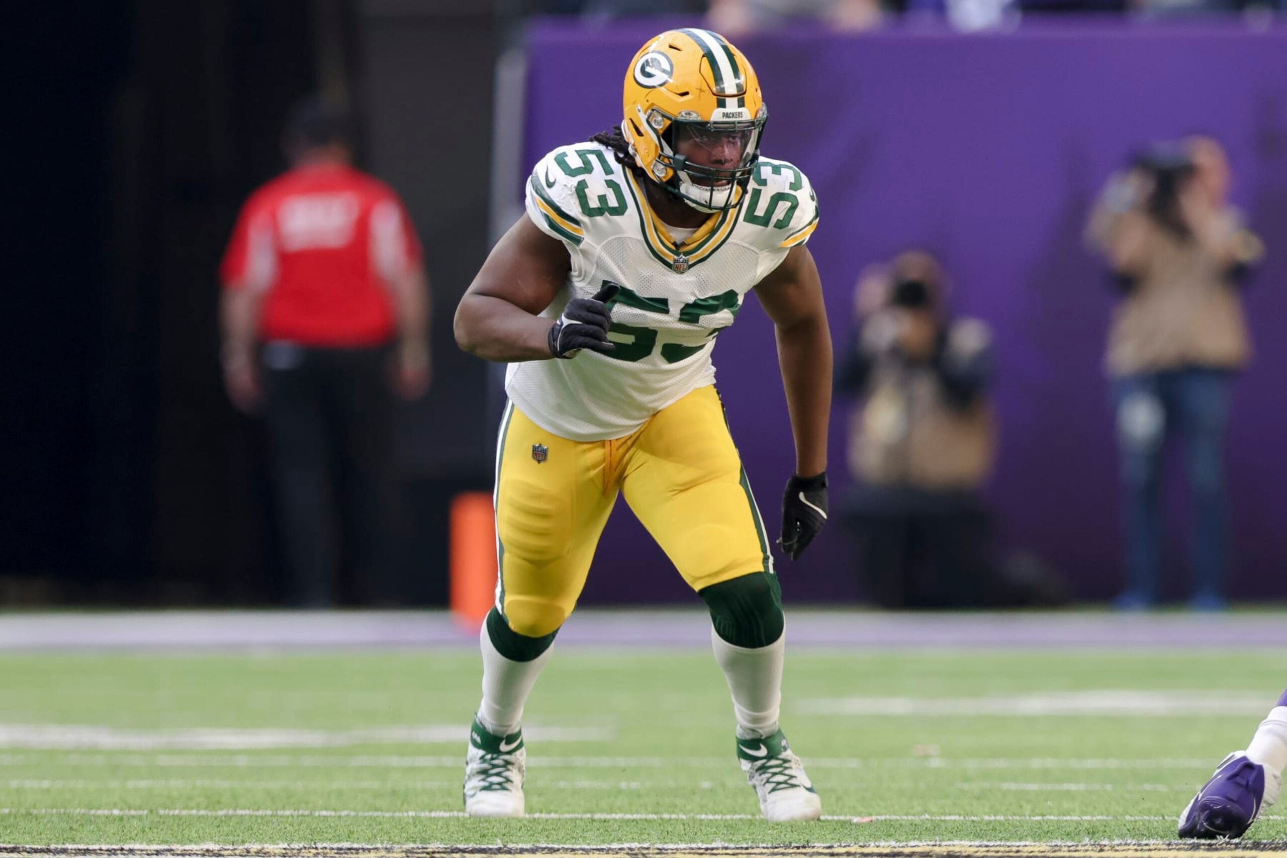 Green Bay Packers linebacker Jonathan Garvin (53) in action during the second half of an NFL football game against the Minnesota Vikings, Sunday, Nov. 21, 2021 in Minneapolis. Minnesota won 34-31. (AP Photo/Stacy Bengs)