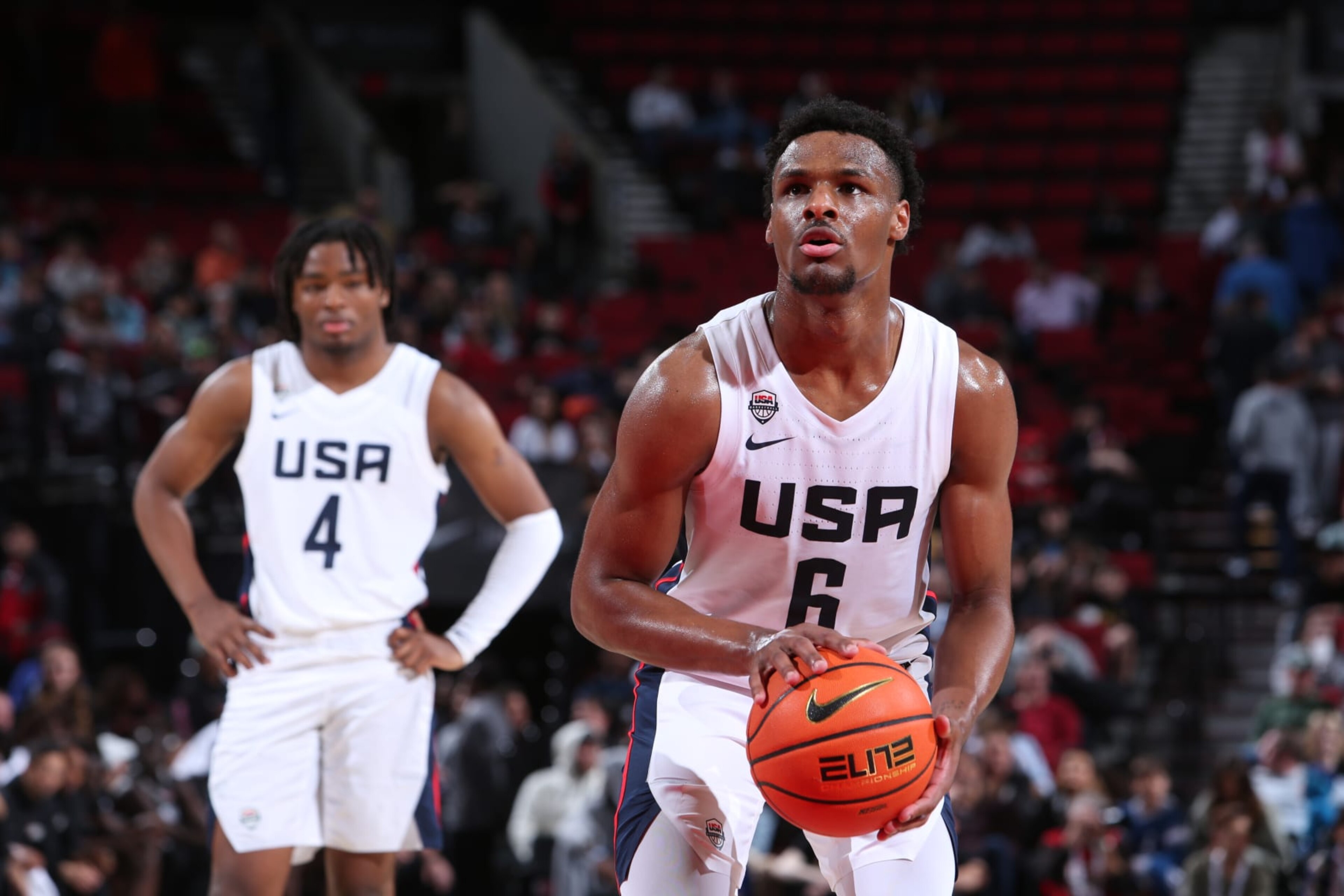 PORTLAND, OR - APRIL 8: Bronny James #6 of Team USA shoots a foul shot during the 2023 Nike Hoop Summit on April 8, 2023 at the Moda Center Arena in Portland, Oregon. NOTE TO USER: User expressly acknowledges and agrees that, by downloading and or using this photograph, user is consenting to the terms and conditions of the Getty Images License Agreement. Mandatory Copyright Notice: Copyright 2023 NBAE (Photo by Sam Forencich/NBAE via Getty Images)