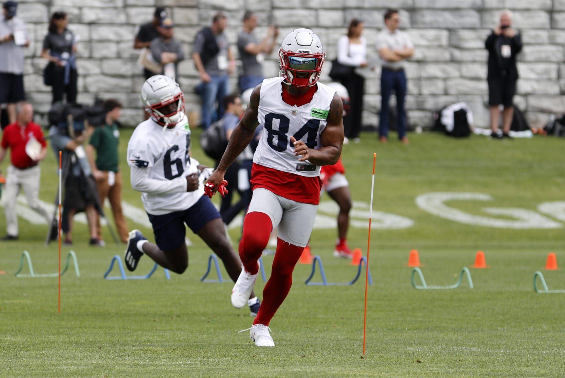 FOXBOROUGH, MA - JUNE 13: New England Patriots wide receiver Kendrick Bourne (84) approaches an agility gate during New England Patriots Minicamp on June 13, 2023, at the Patriots Practice Facility at Gillette Stadium in Foxborough, Massachusetts. (Photo by Fred Kfoury III/Icon Sportswire via Getty Images)