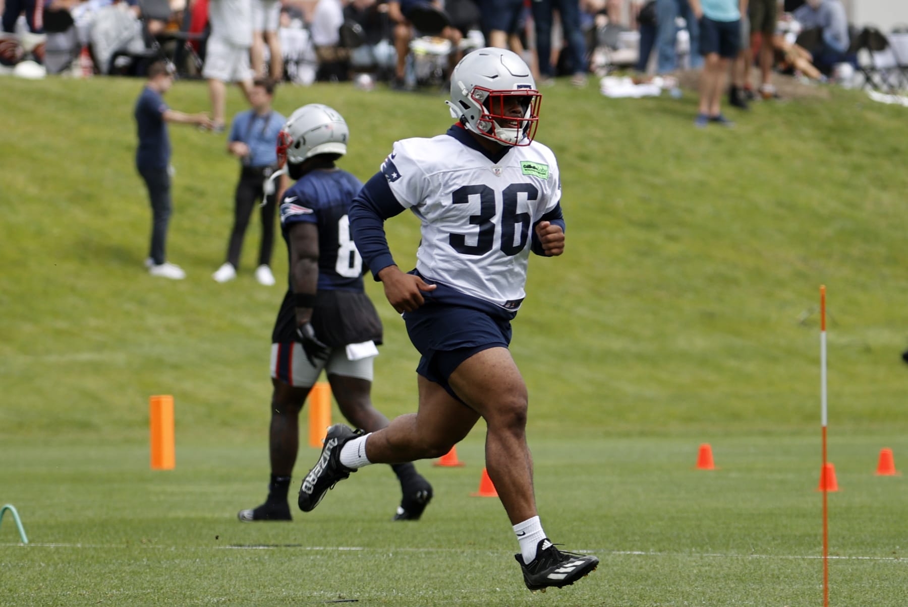 FOXBOROUGH, MA - JUNE 13: New England Patriots inside running back Kevin Harris (36) runs an agility drill during New England Patriots Minicamp on June 13, 2023, at the Patriots Practice Facility at Gillette Stadium in Foxborough, Massachusetts. (Photo by Fred Kfoury III/Icon Sportswire via Getty Images)
