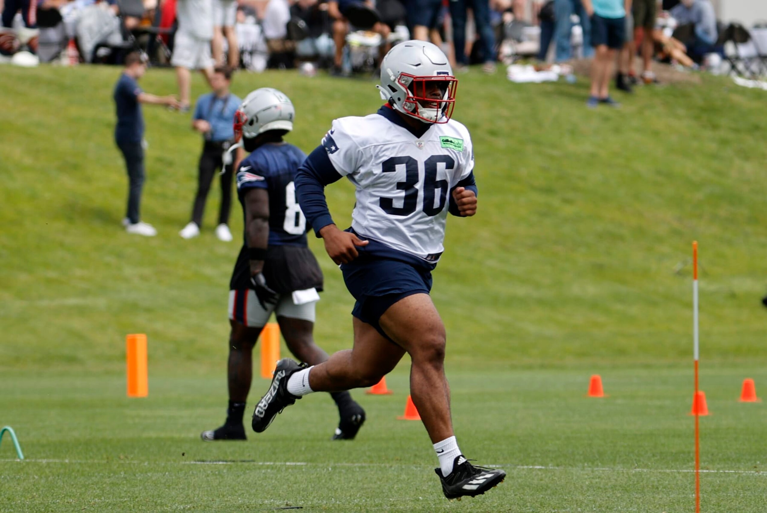 FOXBOROUGH, MA - JUNE 13: New England Patriots inside running back Kevin Harris (36) runs an agility drill during New England Patriots Minicamp on June 13, 2023, at the Patriots Practice Facility at Gillette Stadium in Foxborough, Massachusetts. (Photo by Fred Kfoury III/Icon Sportswire via Getty Images)
