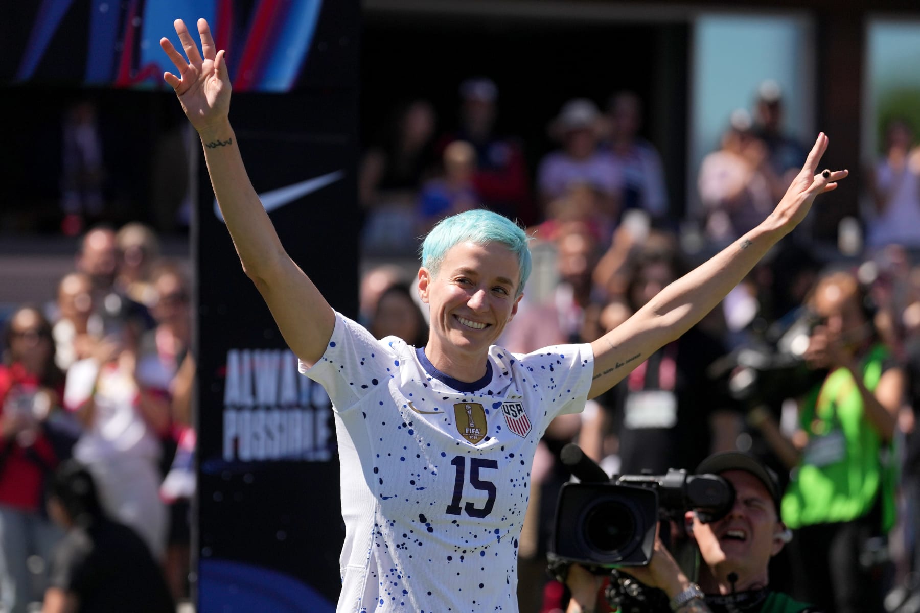 SAN JOSE, CALIFORNIA - JULY 09: Megan Rapinoe #15of the United States is introduced during a post game ceremony after an international friendly against Wales at PayPal Park on July 09, 2023 in San Jose, California. (Photo by Brad Smith/USSF/Getty Images for USSF)