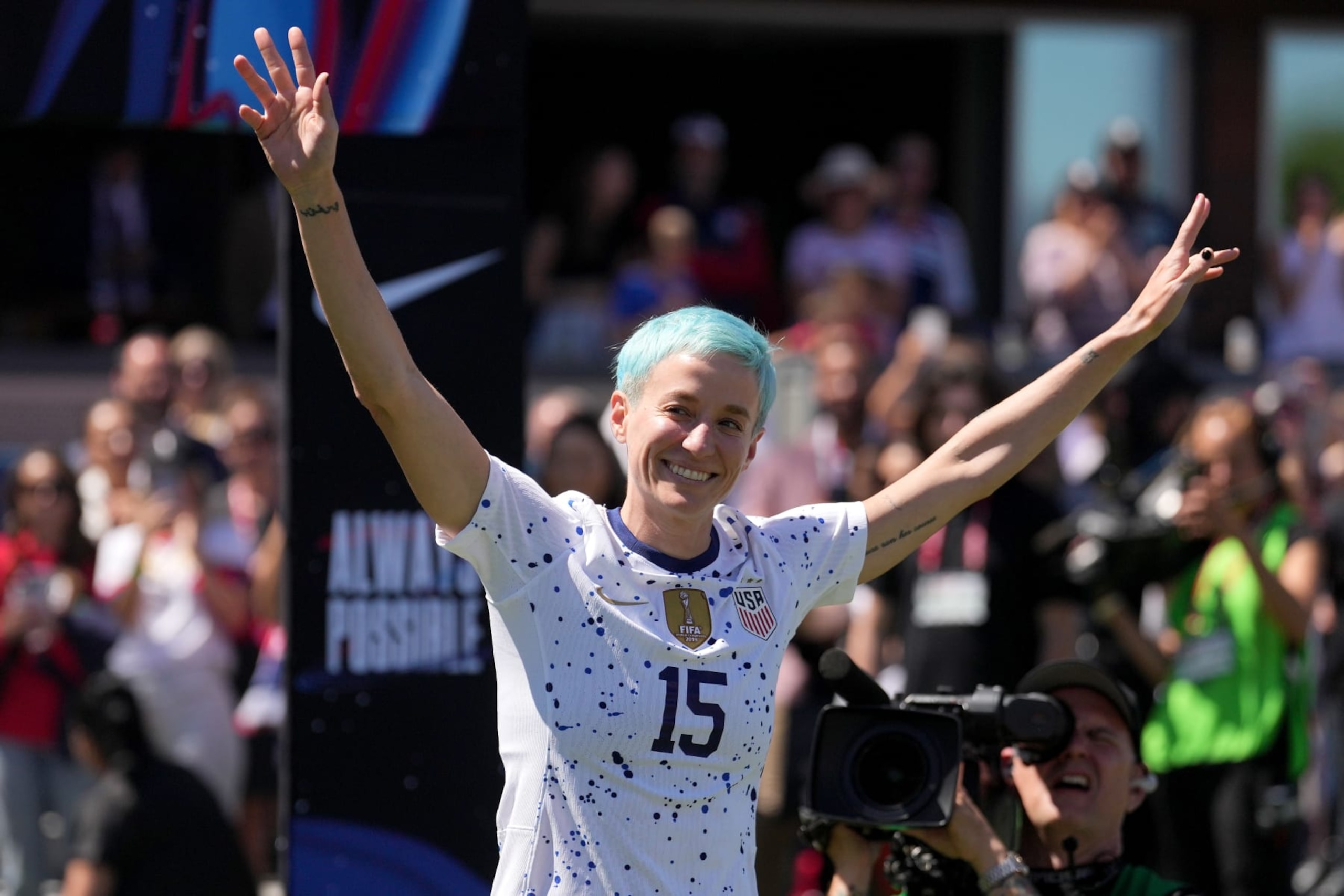 SAN JOSE, CALIFORNIA - JULY 09: Megan Rapinoe #15of the United States is introduced during a post game ceremony after an international friendly against Wales at PayPal Park on July 09, 2023 in San Jose, California. (Photo by Brad Smith/USSF/Getty Images for USSF)