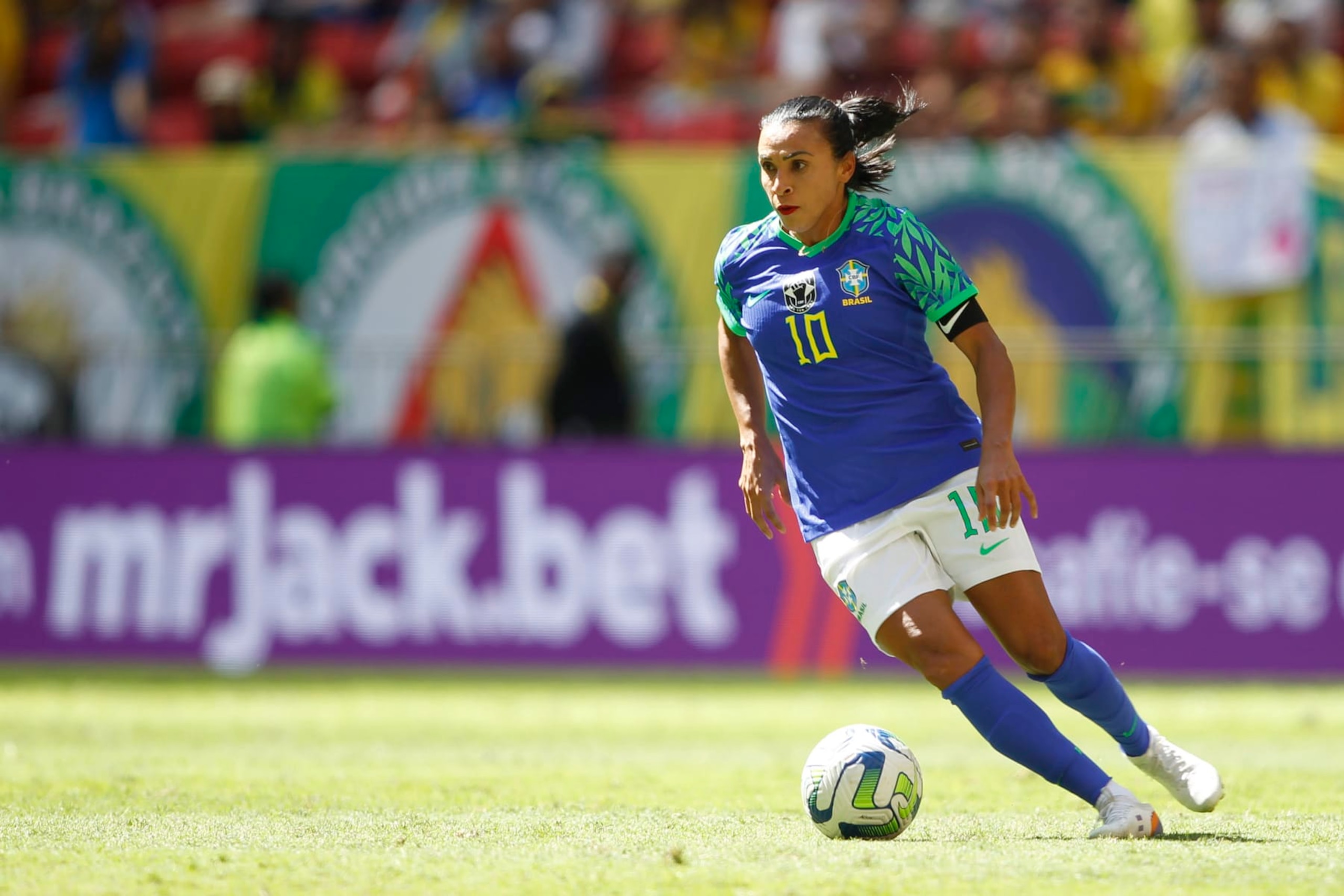 BRASILIA, BRAZIL - JULY 2: Marta Vieira da Silva of Brazil controls the ball during Women's International Friendly match between Brazil and Chile at Mane Garrincha Stadium on July 2, 2023 in Brasilia, Brazil. (Photo by Adalberto Marques/Eurasia Sport Images/Getty Images)