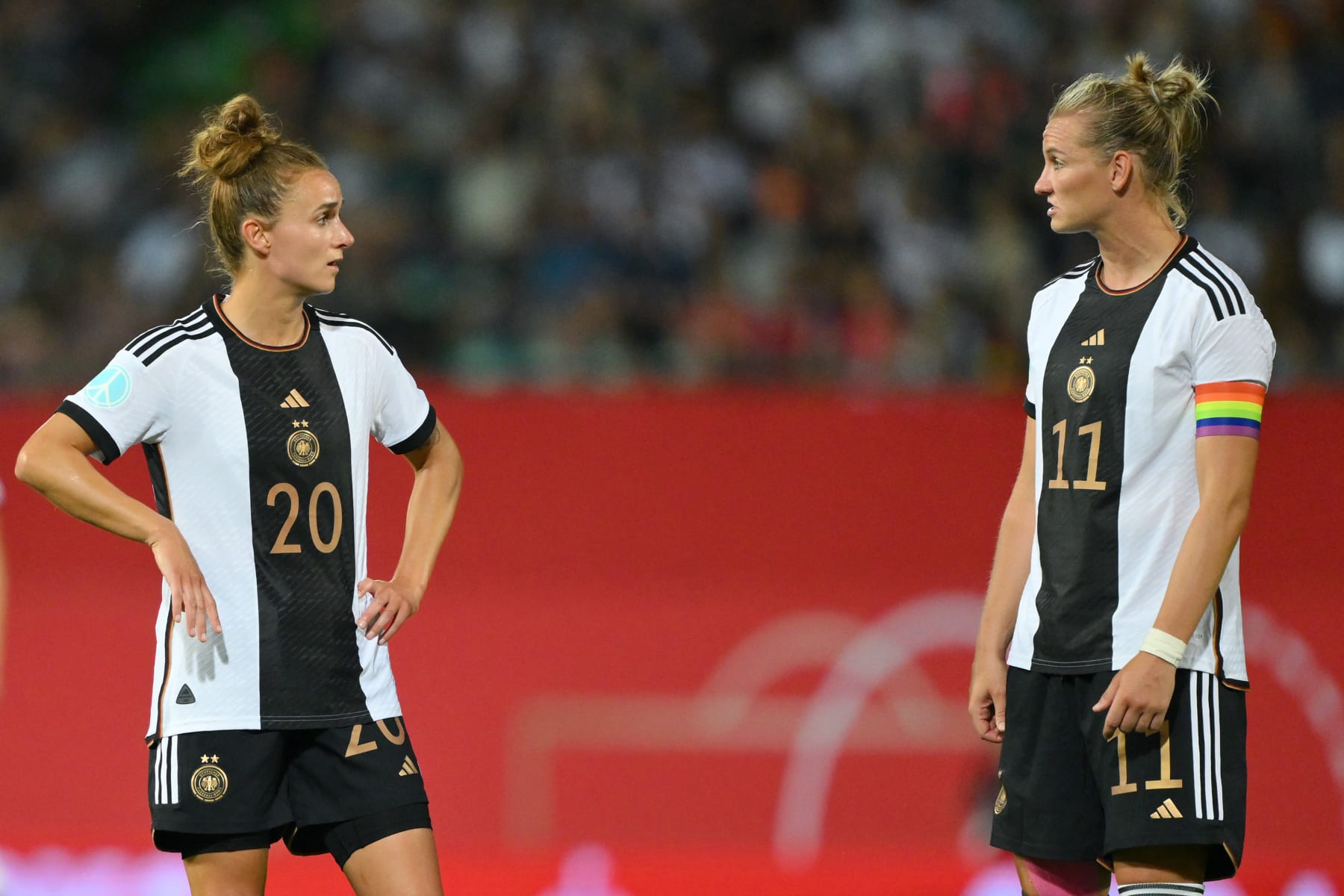 FUERTH, GERMANY - JULY 07: Lina Magull and Alexandra Popp of Germany react during the Women's international friendly between Germany and Zambia at Sportpark Ronhof Thomas Sommer on July 07, 2023 in Fuerth, Germany. (Photo by Sebastian Widmann/Getty Images)