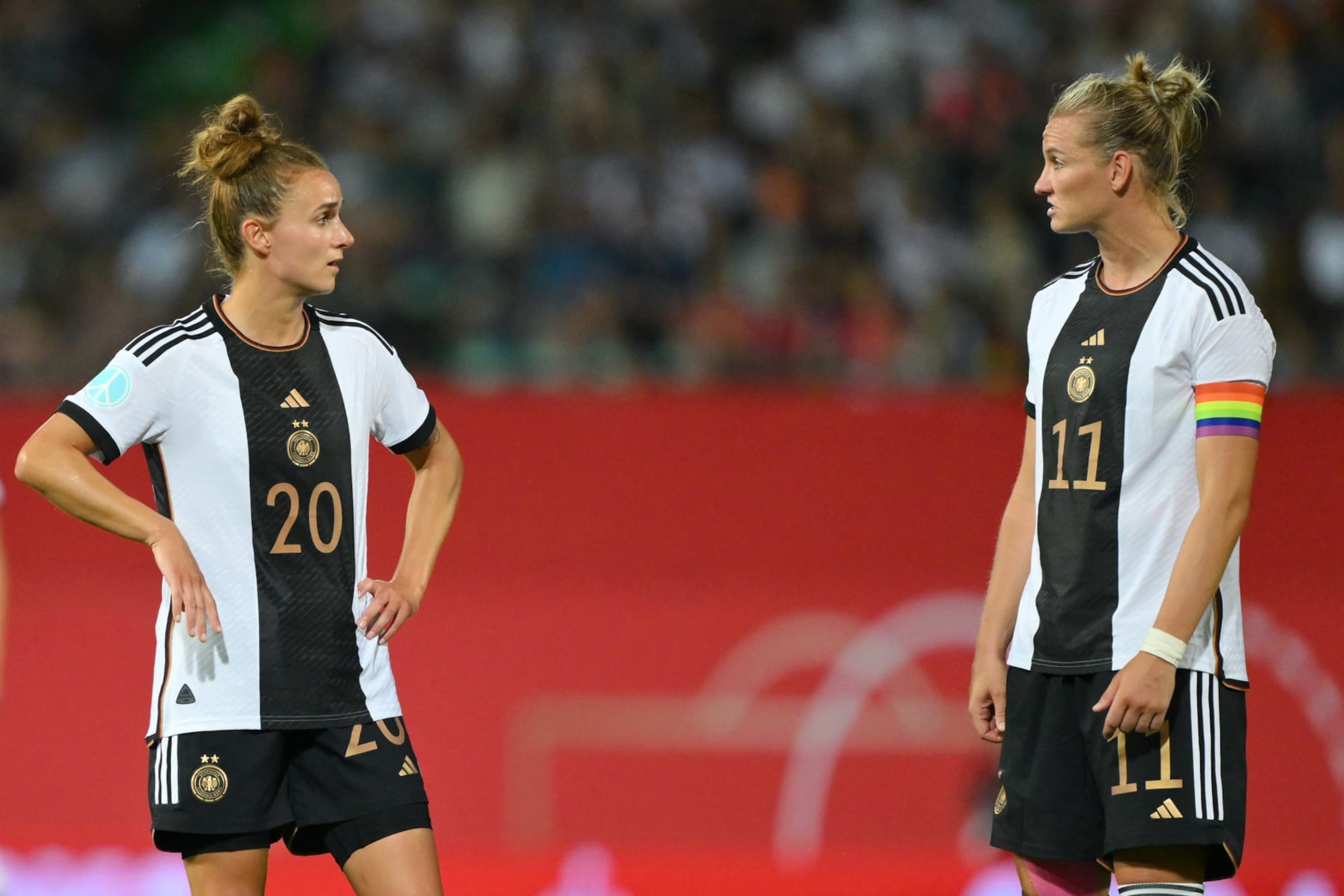 FUERTH, GERMANY - JULY 07: Lina Magull and Alexandra Popp of Germany react during the Women's international friendly between Germany and Zambia at Sportpark Ronhof Thomas Sommer on July 07, 2023 in Fuerth, Germany. (Photo by Sebastian Widmann/Getty Images)