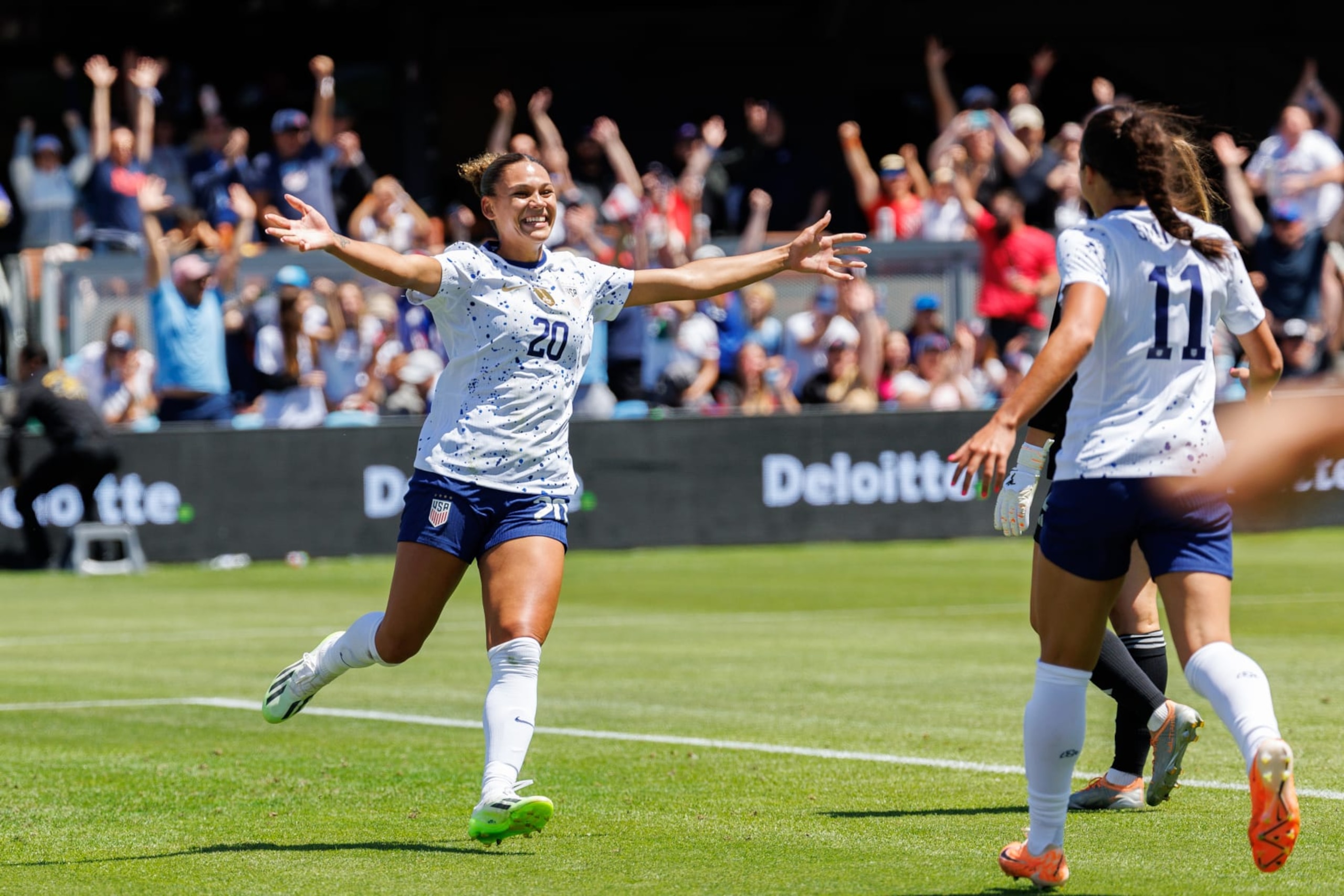 SAN JOSE, CA - JULY 9: Trinity Rodman #20 and Sophia Smith #11 of USA celebrate after scoring during an international friendly game between Wales and USWNT at PayPal Park on July 9, 2023 in San Jose, California. (Photo by Bob Drebin/ISI Photos/Getty Images).