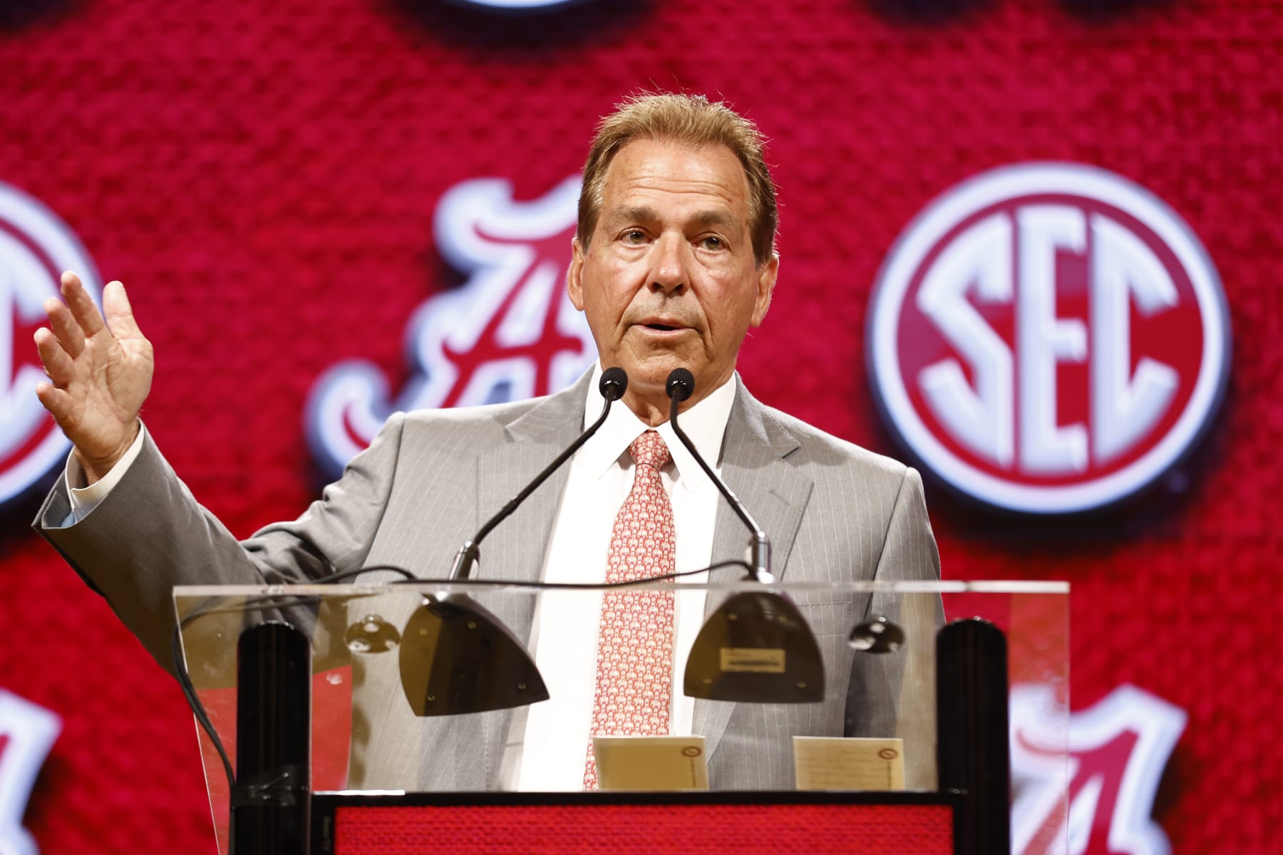 NASHVILLE, TENNESSEE - JULY 19: Head Coach Nick Saban of the Alabama Crimson Tide speaks during Day 3 of the 2023 SEC Media Days at Grand Hyatt Nashville on July 19, 2023 in Nashville, Tennessee. (Photo by Johnnie Izquierdo/Getty Images)
