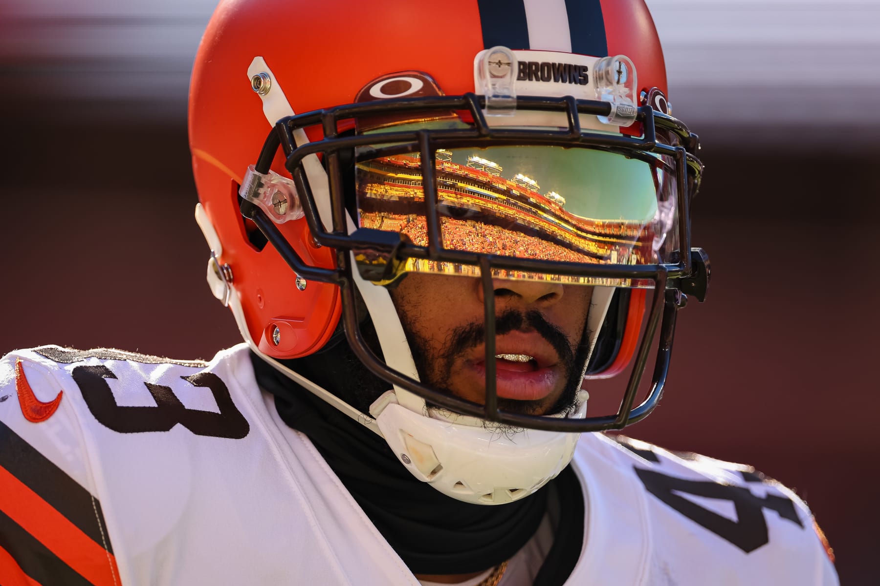 LANDOVER, MD - JANUARY 01: John Johnson III #43 of the Cleveland Browns looks on before the game against the Washington Commanders at FedExField on January 1, 2023 in Landover, Maryland. (Photo by Scott Taetsch/Getty Images)