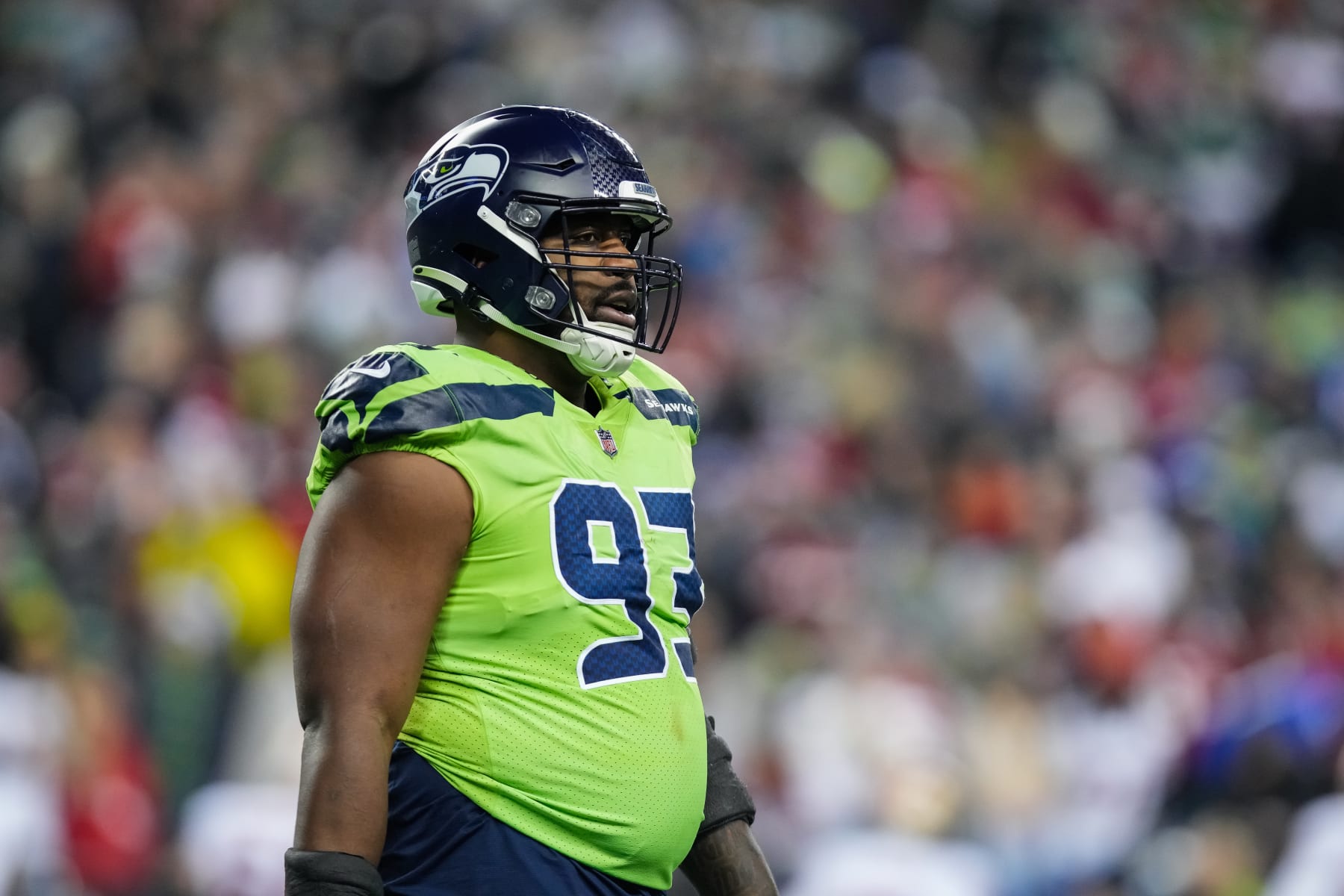SEATTLE, WASHINGTON - DECEMBER 15: Shelby Harris #93 of the Seattle Seahawks looks on during the third quarter of a game against the San Francisco 49ers at Lumen Field on December 15, 2022 in Seattle, Washington. (Photo by Christopher Mast/Getty Images)