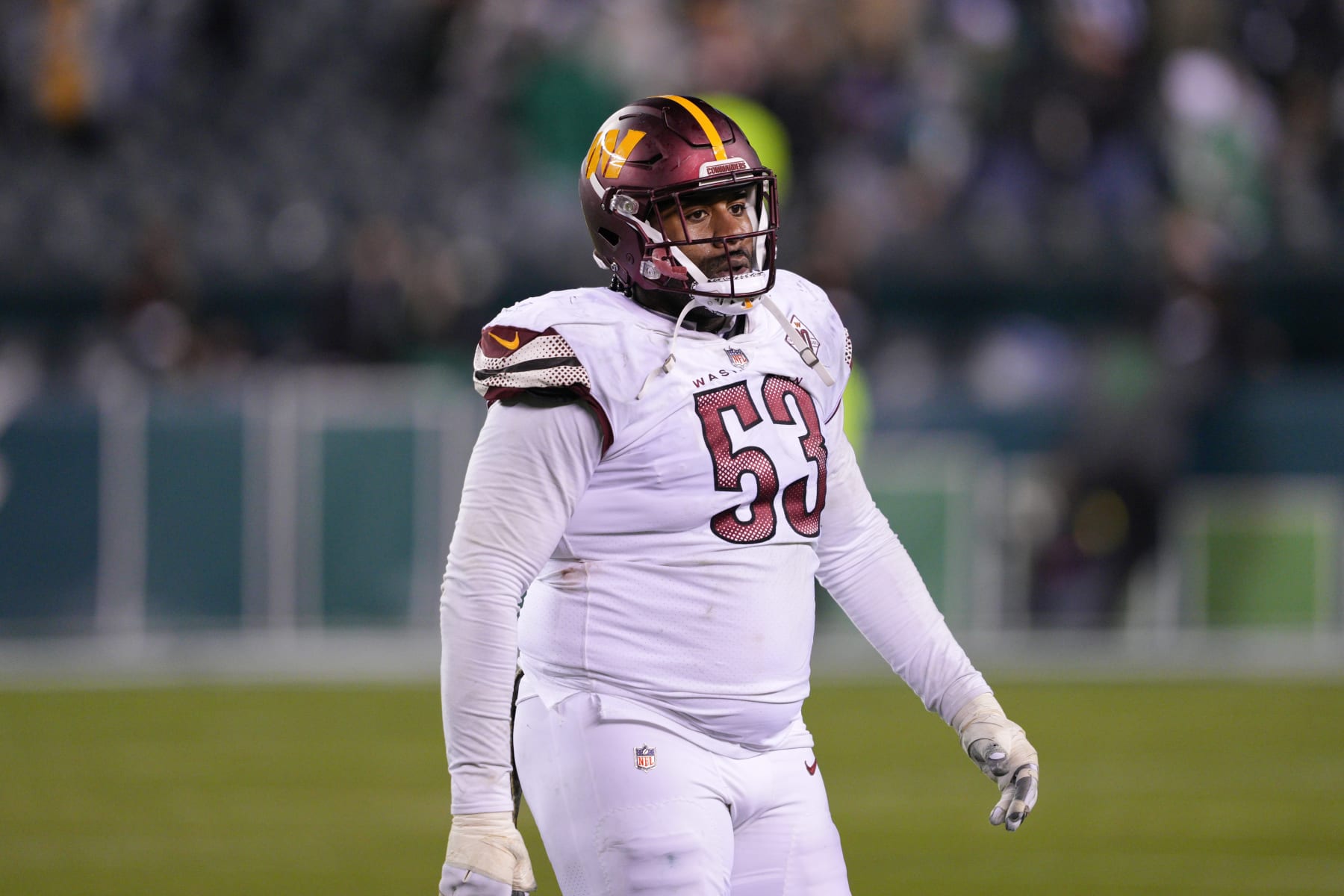 PHILADELPHIA, PA - NOVEMBER 14: Washington Commanders guard Trai Turner (53) looks on during the game between the Washington Commanders and the Philadelphia Eagles on November 14, 2022 at Lincoln Financial Field  in Philadelphia, PA. (Photo by Andy Lewis/Icon Sportswire via Getty Images)