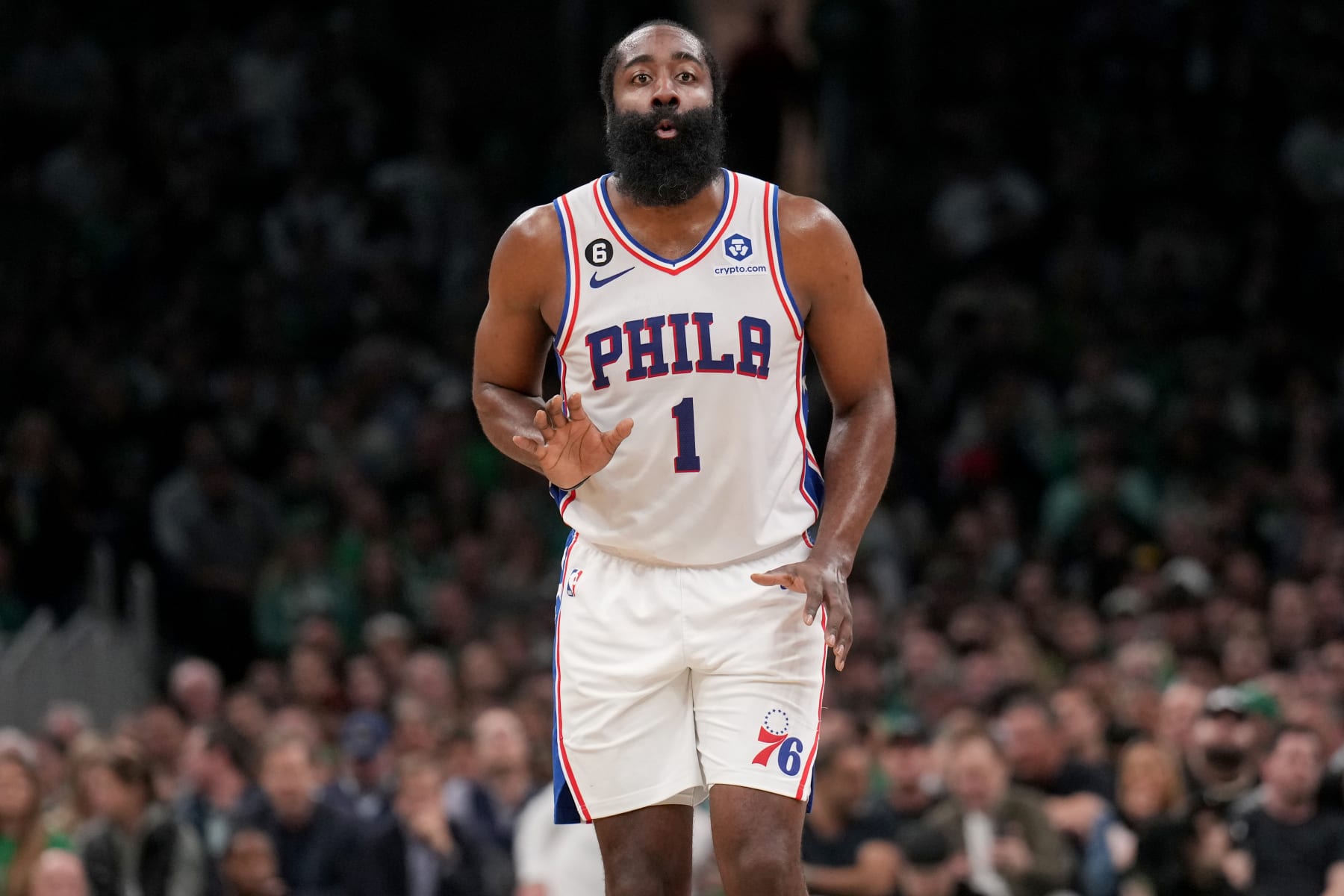 BOSTON, MA - MAY 9: James Harden #1 of the Philadelphia 76ers looks on during the game against the Boston Celtics during Game 5 of the 2023 NBA Playoffs Eastern Conference semi-finals on May 9, 2023 at the TD Garden in Boston, Massachusetts. NOTE TO USER: User expressly acknowledges and agrees that, by downloading and or using this photograph, User is consenting to the terms and conditions of the Getty Images License Agreement. Mandatory Copyright Notice: Copyright 2023 NBAE  (Photo by Jesse D. Garrabrant/NBAE via Getty Images)
