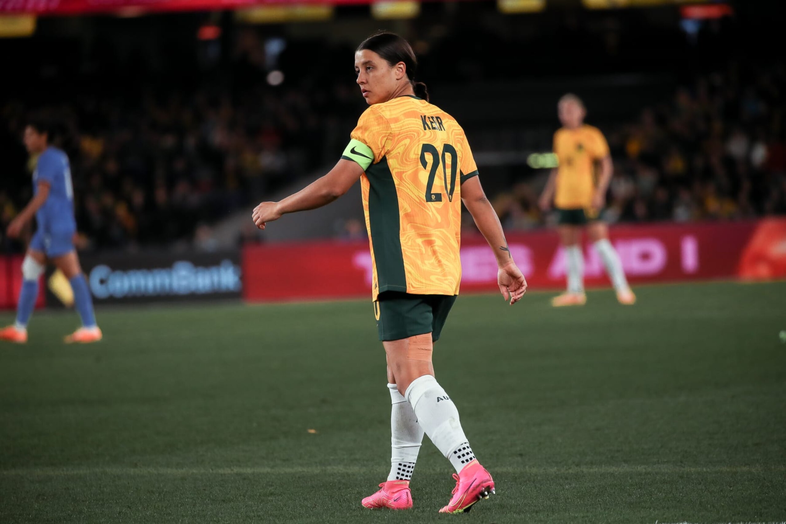 MELBOURNE, AUSTRALIA - JULY 14: Sam Kerr of Australia looks on during the International Friendly match between the Australia Matildas and France at Marvel Stadium on July 14, 2023 in Melbourne, Australia. (Photo by Andrew Wiseman/DeFodi Images via Getty Images)