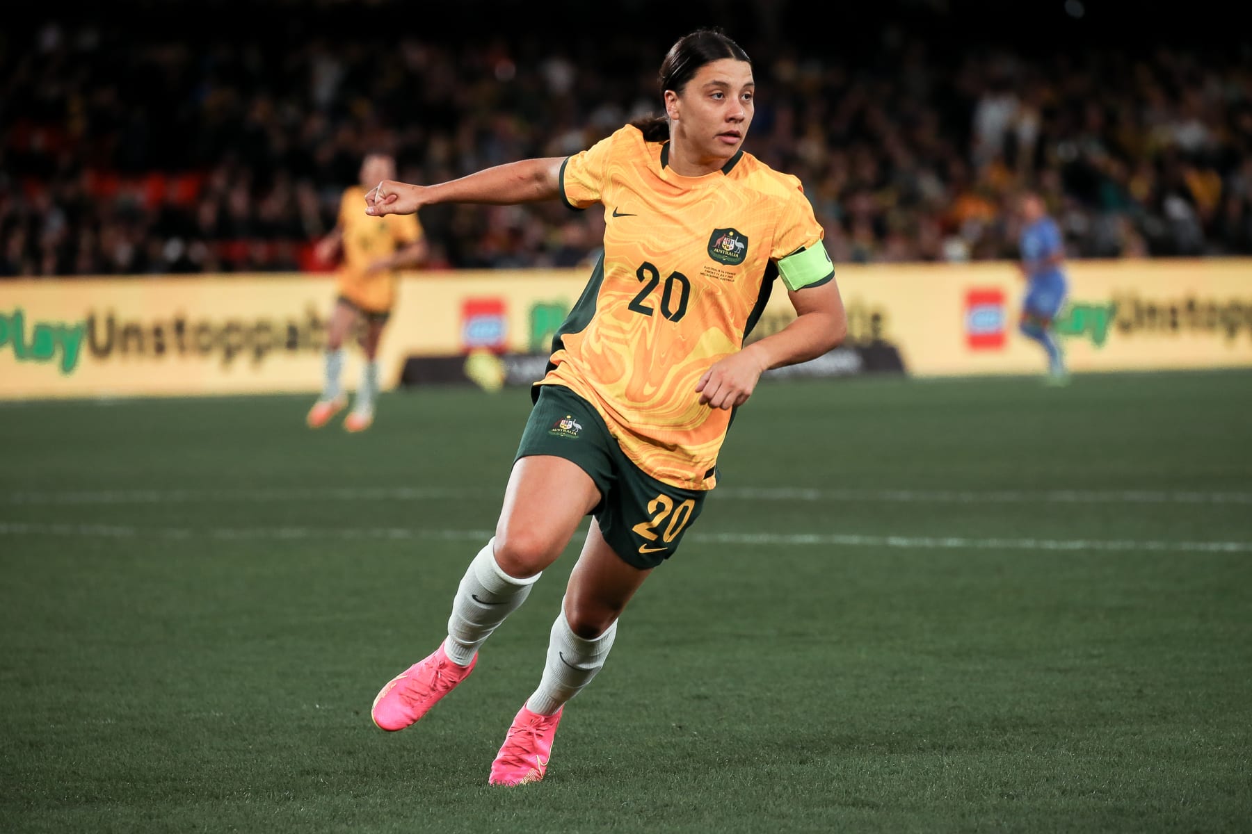 MELBOURNE, AUSTRALIA - JULY 14: Sam Kerr of Australia looks on during the International Friendly match between the Australia Matildas and France at Marvel Stadium on July 14, 2023 in Melbourne, Australia. (Photo by Andrew Wiseman/DeFodi Images via Getty Images)