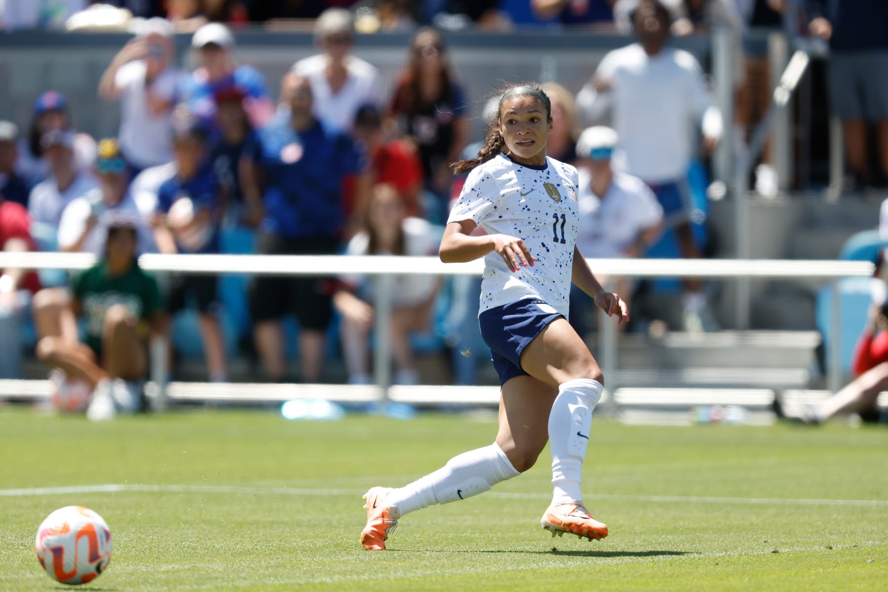SAN JOSE, CALIFORNIA - JULY 09: Sophia Smith #11 of the United States passes the ball during the second half of an international friendly against Wales at PayPal Park on July 09, 2023 in San Jose, California. (Photo by Lachlan Cunningham/USSF/Getty Images for USSF)