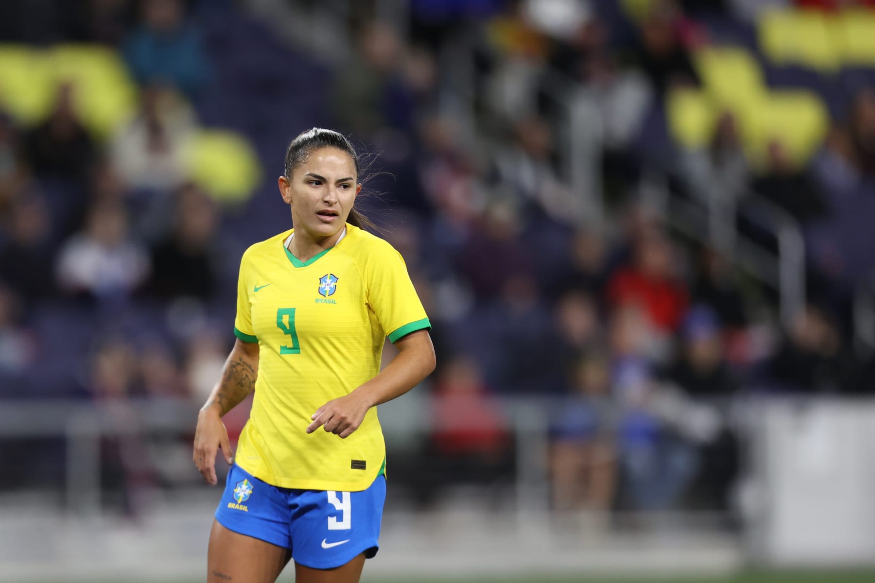 NASHVILLE, TN - FEBRUARY 19: Débora Cristiane de Oliveira #9 of Brazil looks on during a 2023 SheBelieves Cup match between Brazil v Canada at GEODIS Park on February 19, 2023 in Nashville, Tennessee. (Photo by Omar Vega/Getty Images)